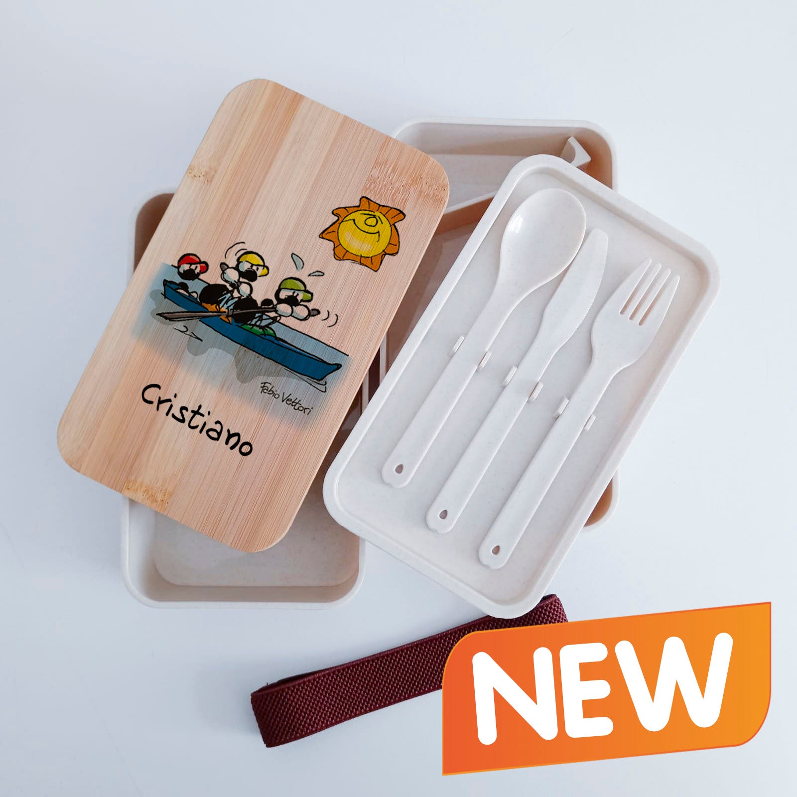 Scatola Porta Pranzo con coperchio in bambù e Posate Personalizzata soggetto "Canoa"