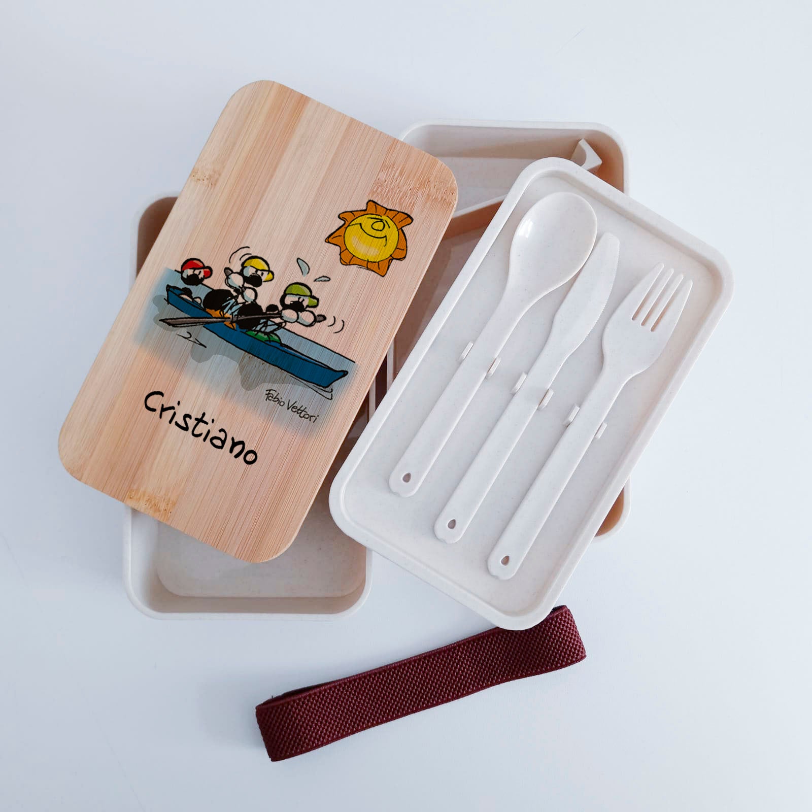 Scatola Porta Pranzo con coperchio in bambù e Posate Personalizzata soggetto "Canoa"