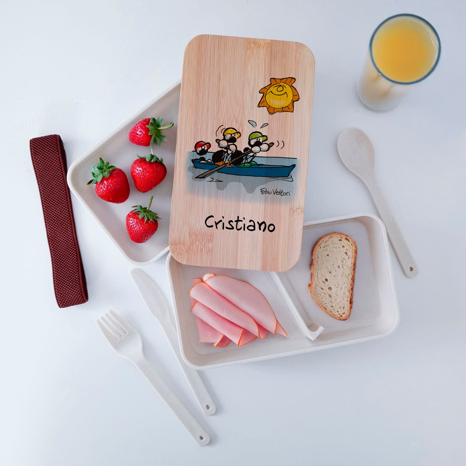 Scatola Porta Pranzo con coperchio in bambù e Posate Personalizzata soggetto "Canoa"