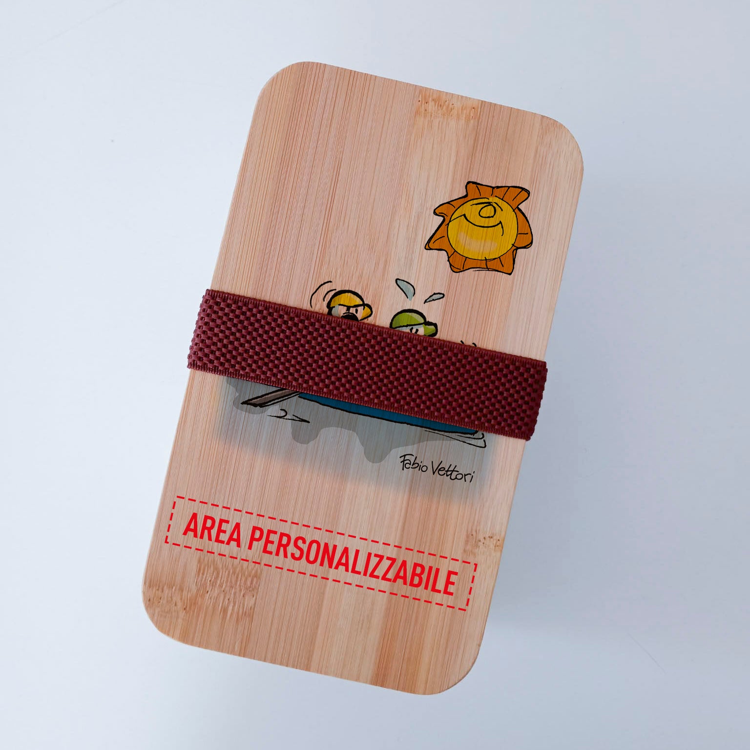 Scatola Porta Pranzo con coperchio in bambù e Posate Personalizzata soggetto "Canoa"