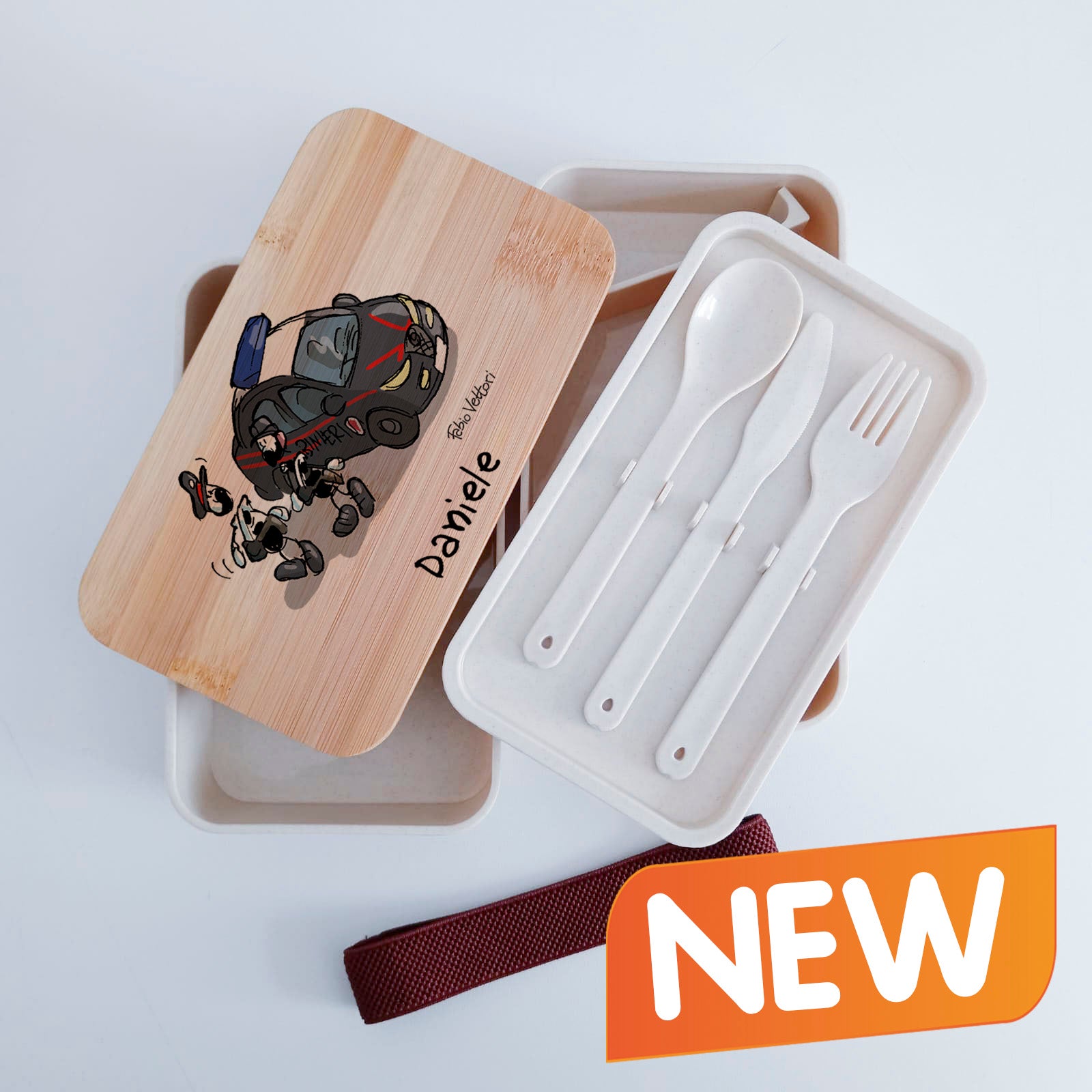 Scatola Porta Pranzo con coperchio in bambù e Posate Personalizzata soggetto "Carabinieri"
