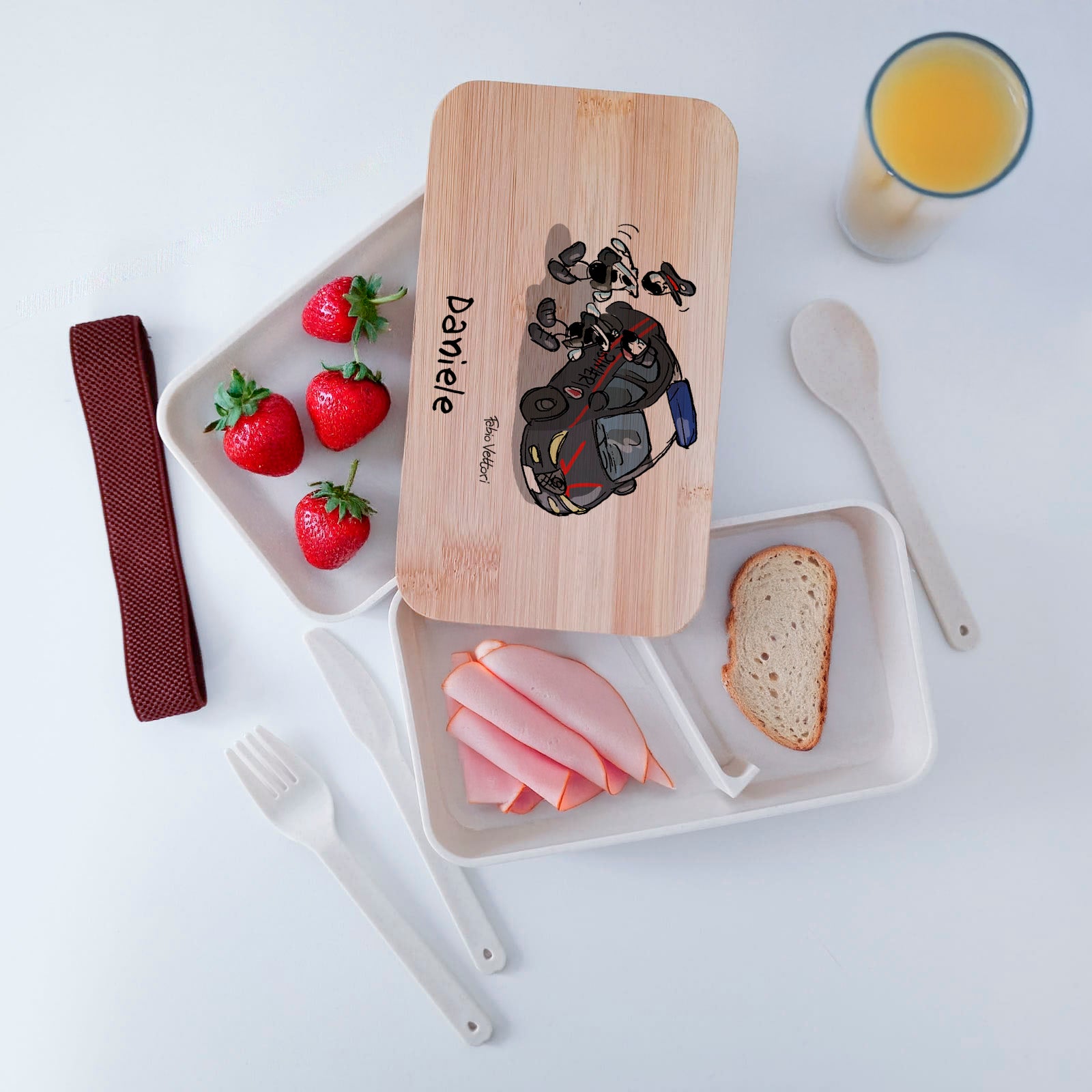 Scatola Porta Pranzo con coperchio in bambù e Posate Personalizzata soggetto "Carabinieri"