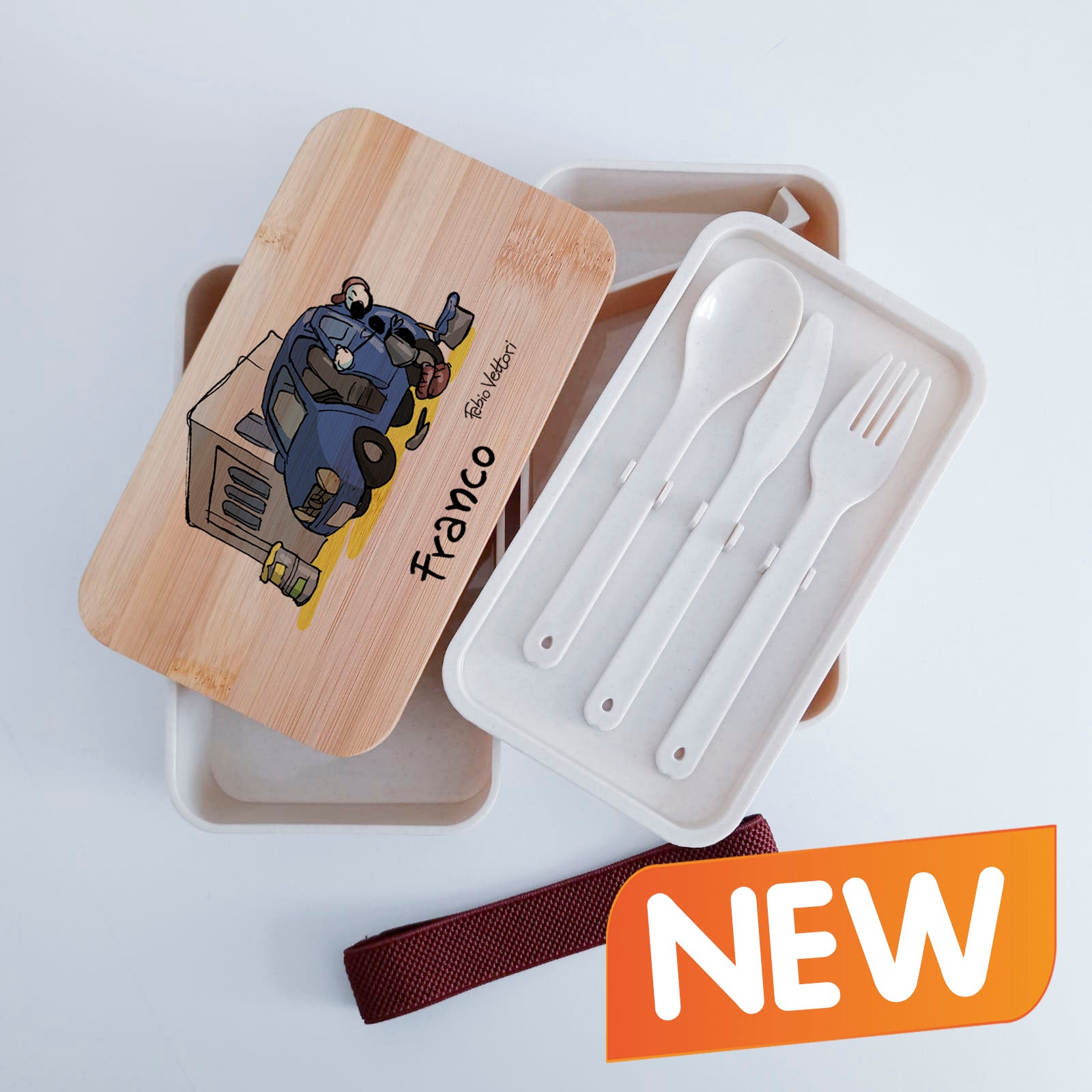 Scatola Porta Pranzo con coperchio in bambù e Posate Personalizzata soggetto "Carrozziere"