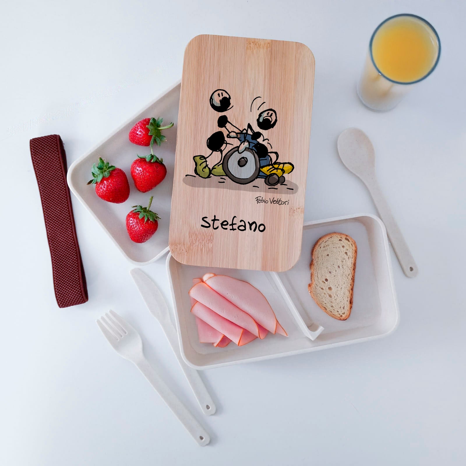Scatola Porta Pranzo con coperchio in bambù e Posate Personalizzata soggetto "Disabile"