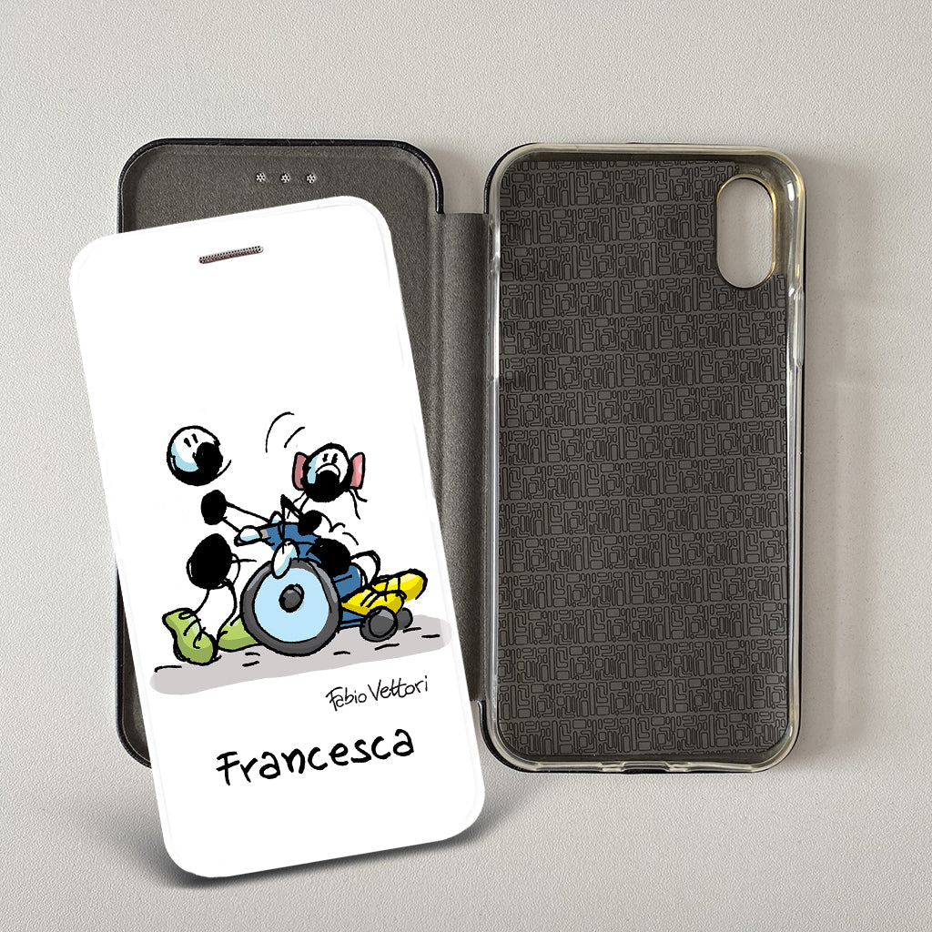 Cover artistica per Smartphone Personalizzata soggetto "Sedia a rotelle (femmina)" modello con apertura "a Libro"