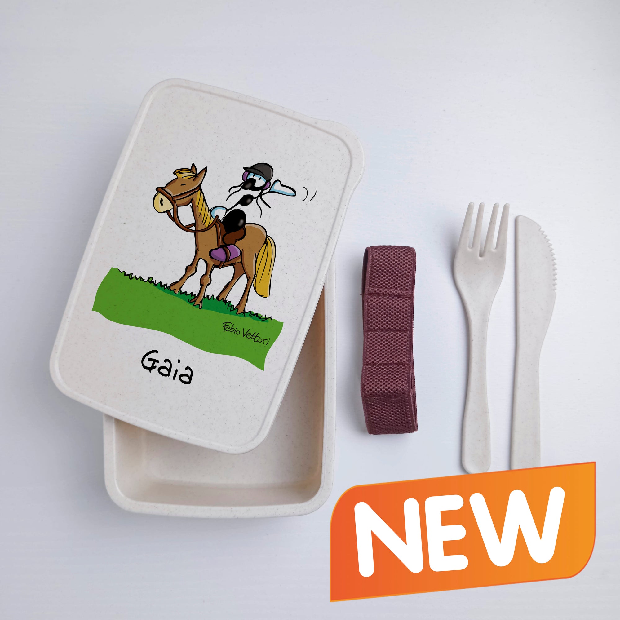 Scatola Porta Pranzo con Fascia Porta Posate Personalizzata soggetto "Cavallo"