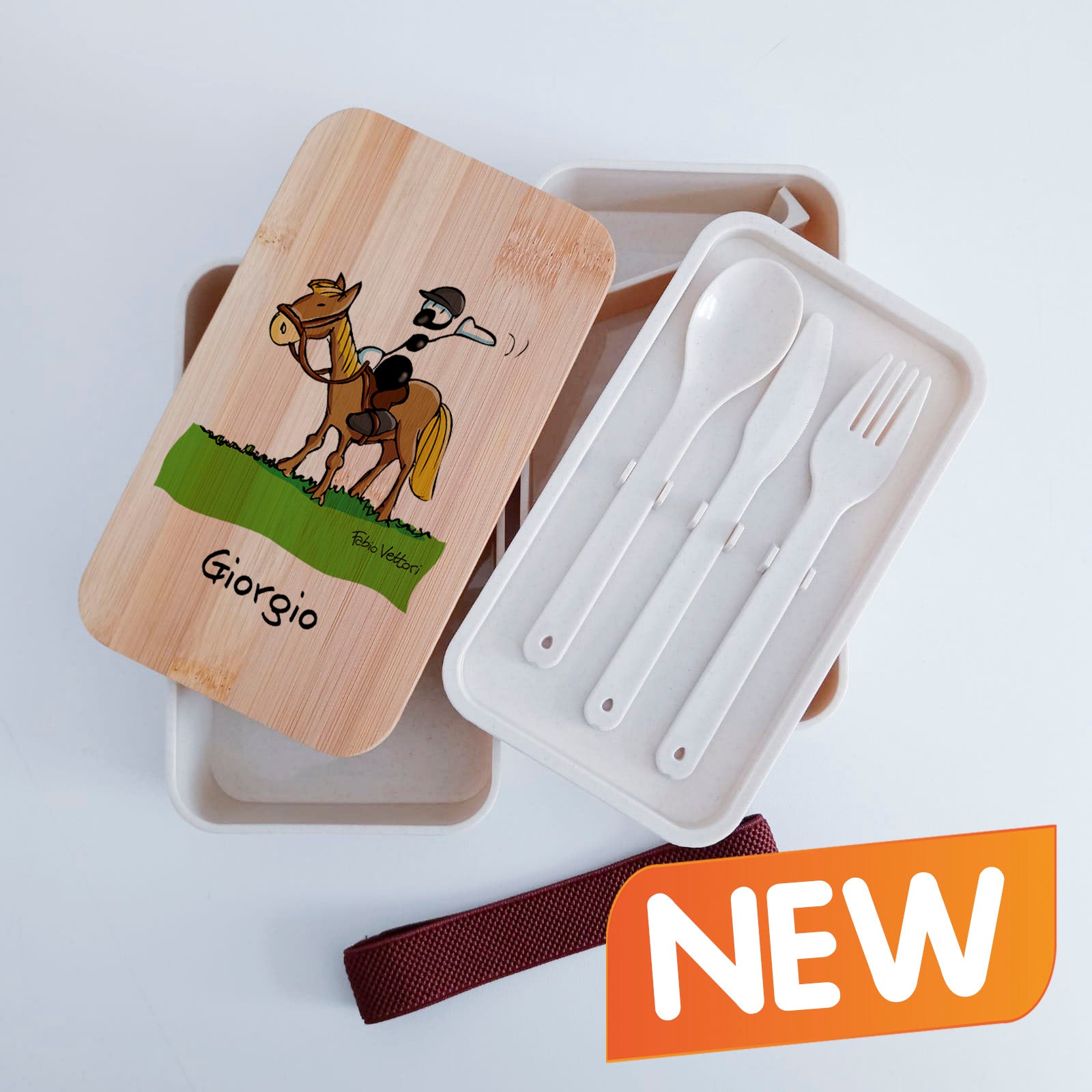 Scatola Porta Pranzo con coperchio in bambù e Posate Personalizzata soggetto "Cavallo"