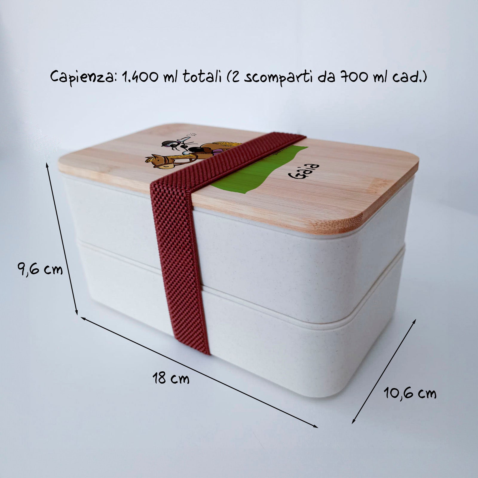 Scatola Porta Pranzo con coperchio in bambù e Posate Personalizzata soggetto "Cavallo"