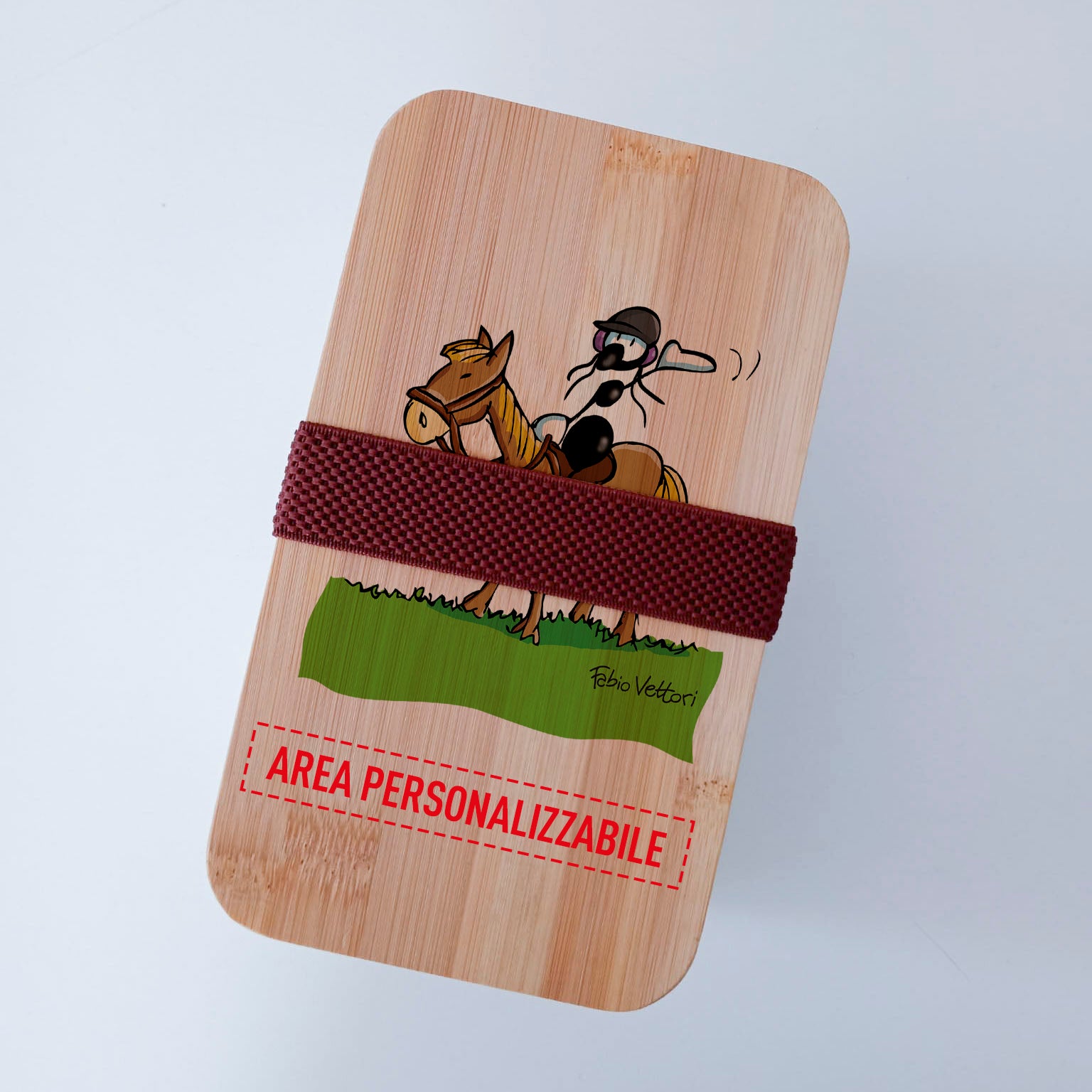 Scatola Porta Pranzo con coperchio in bambù e Posate Personalizzata soggetto "Cavallo"
