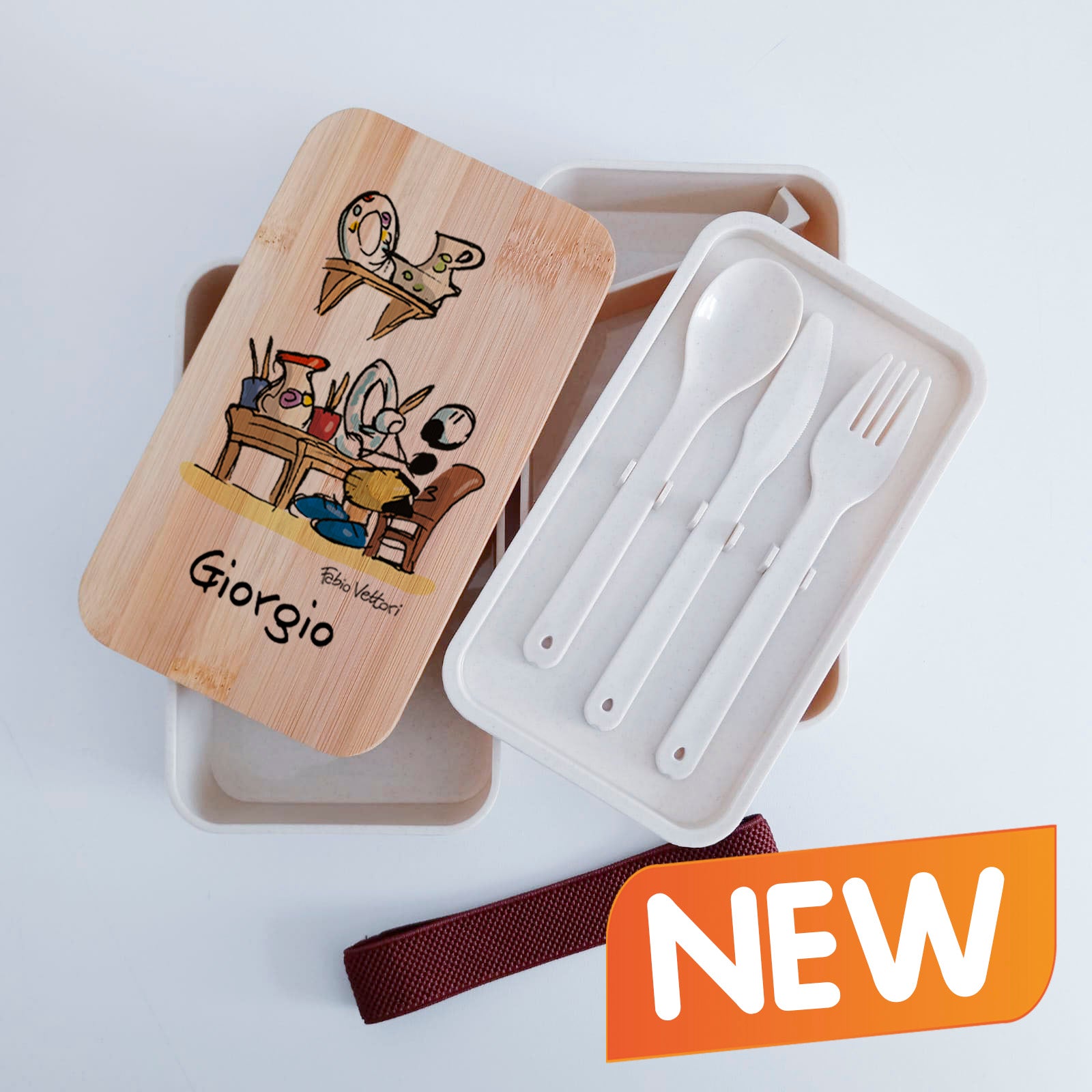 Scatola Porta Pranzo con coperchio in bambù e Posate Personalizzata soggetto "Decorazioni su ceramica"