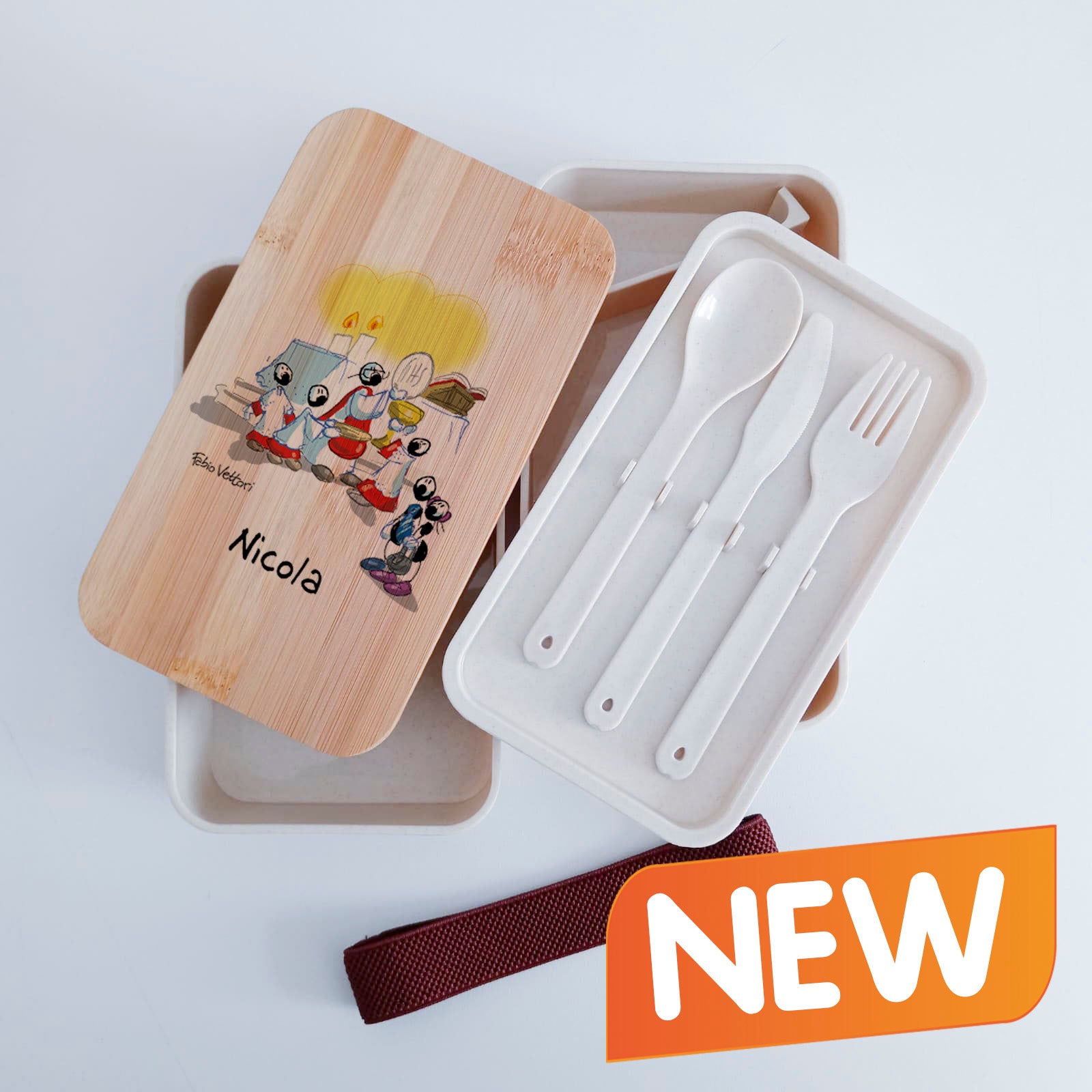 Scatola Porta Pranzo con coperchio in bambù e Posate Personalizzata soggetto "Chierichetti"