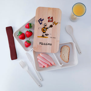 Scatola Porta Pranzo con coperchio in bambù e Posate Personalizzata soggetto "Chitarrista"