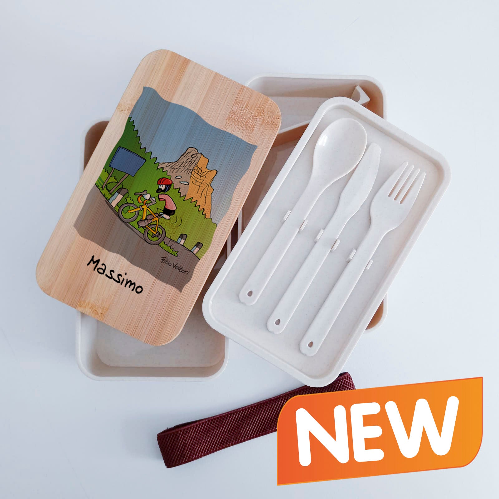 Scatola Porta Pranzo con coperchio in bambù e Posate Personalizzata soggetto "Ciclista"