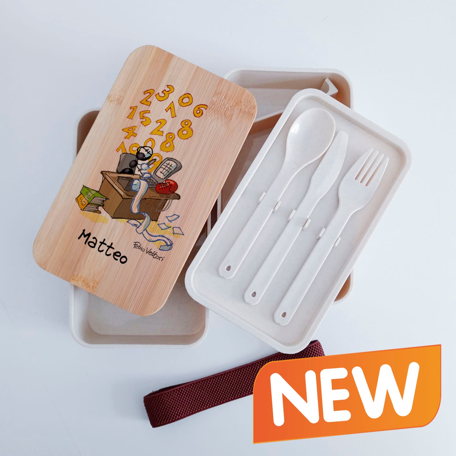 Scatola Porta Pranzo con coperchio in bambù e Posate Personalizzata soggetto "Commercialista"