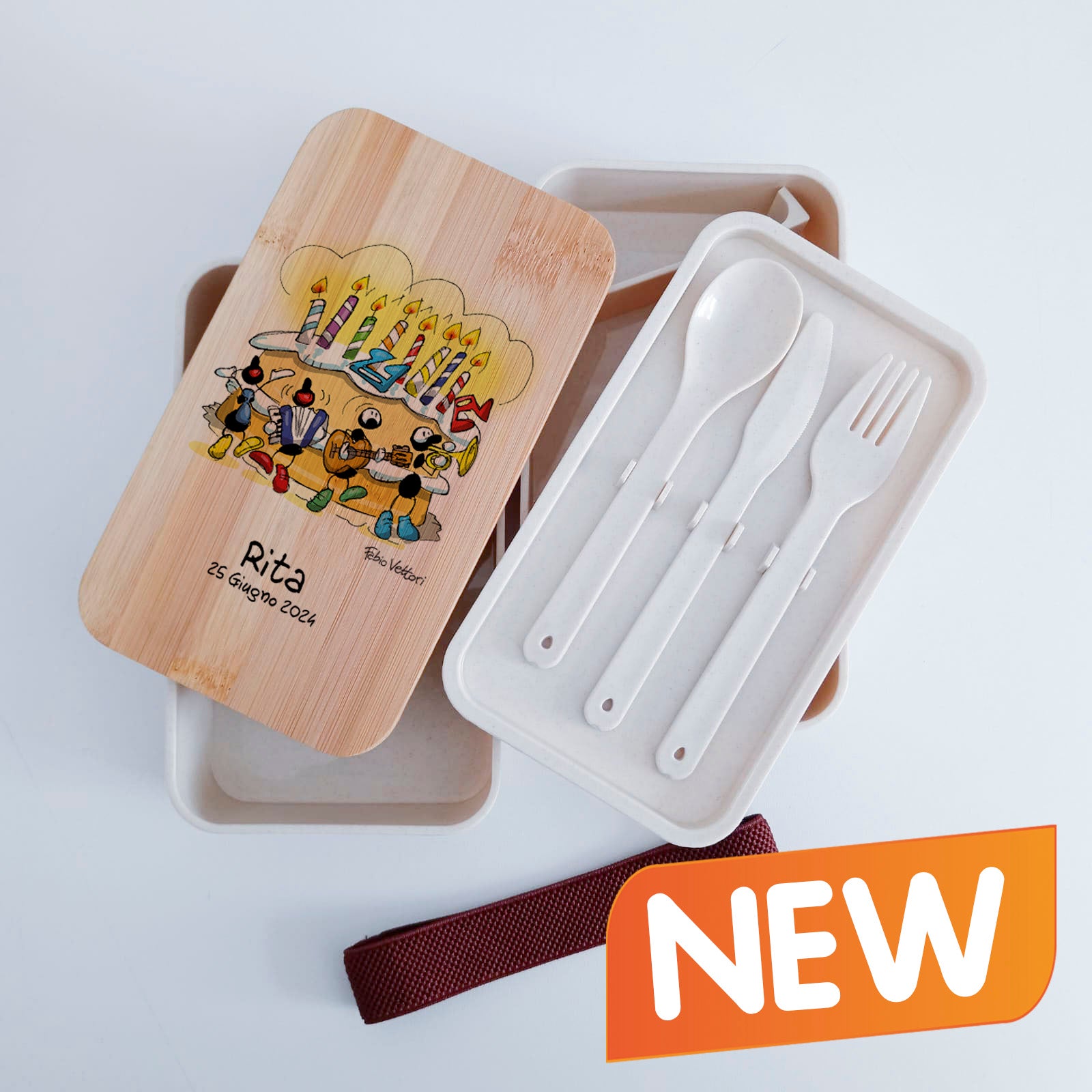 Scatola Porta Pranzo con coperchio in bambù e Posate Personalizzata soggetto "Compleanno"