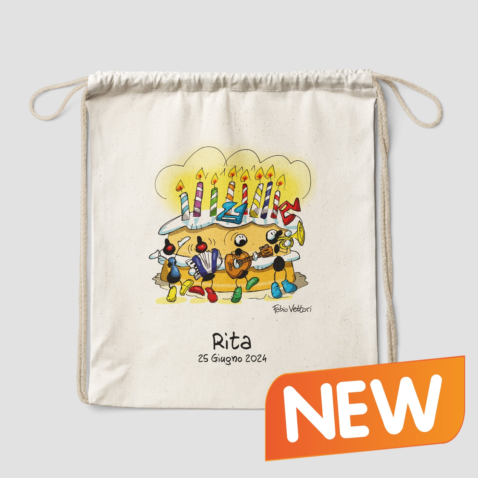 Sacca zaino personalizzata in cotone soggetto "Compleanno"