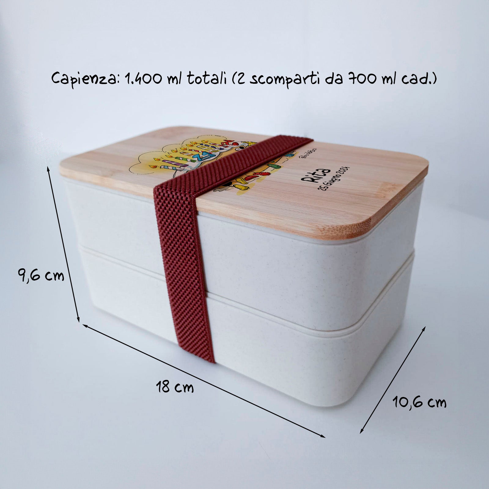 Scatola Porta Pranzo con coperchio in bambù e Posate Personalizzata soggetto "Compleanno"