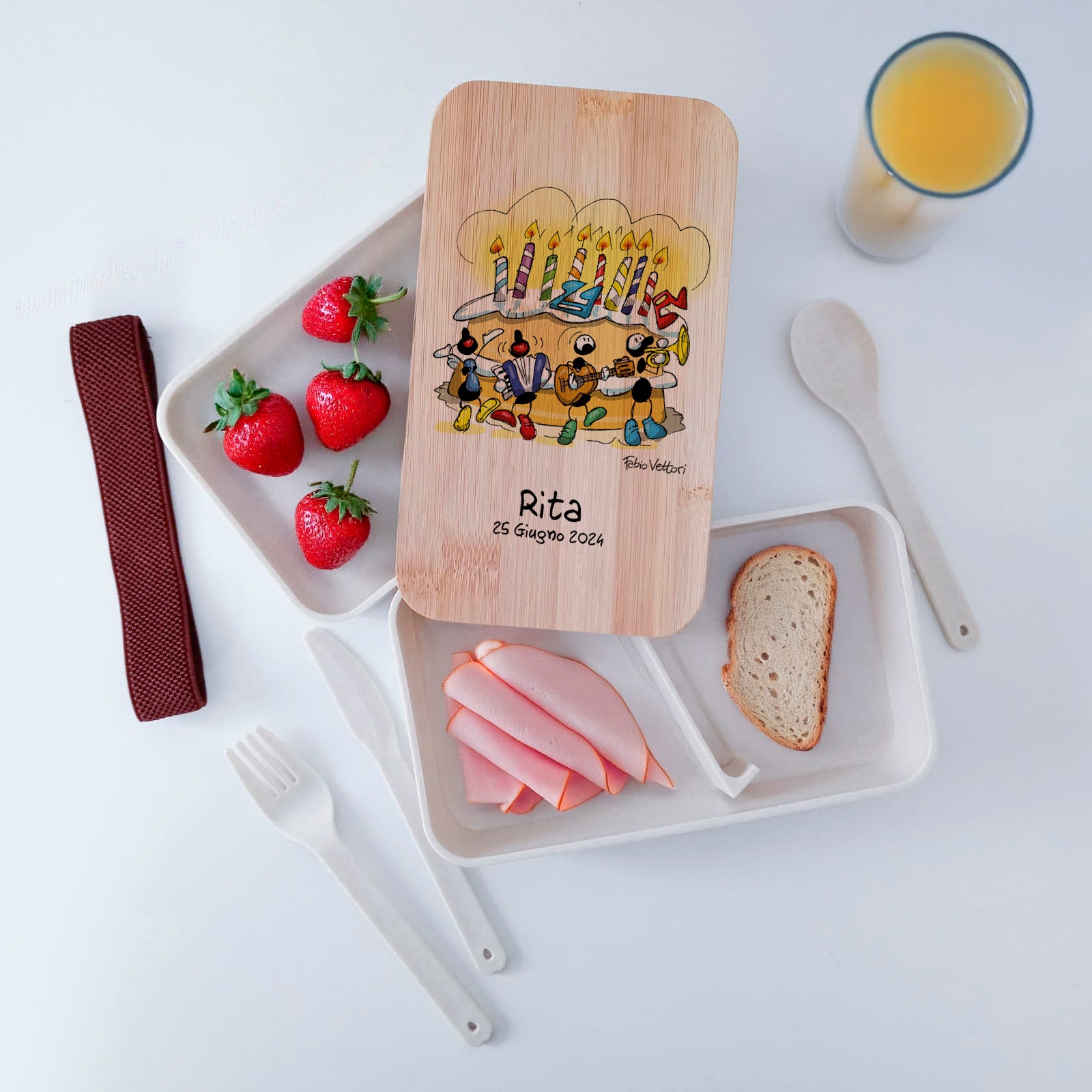 Lunch Box with Personalized Cutlery Band "Birthday" Subject