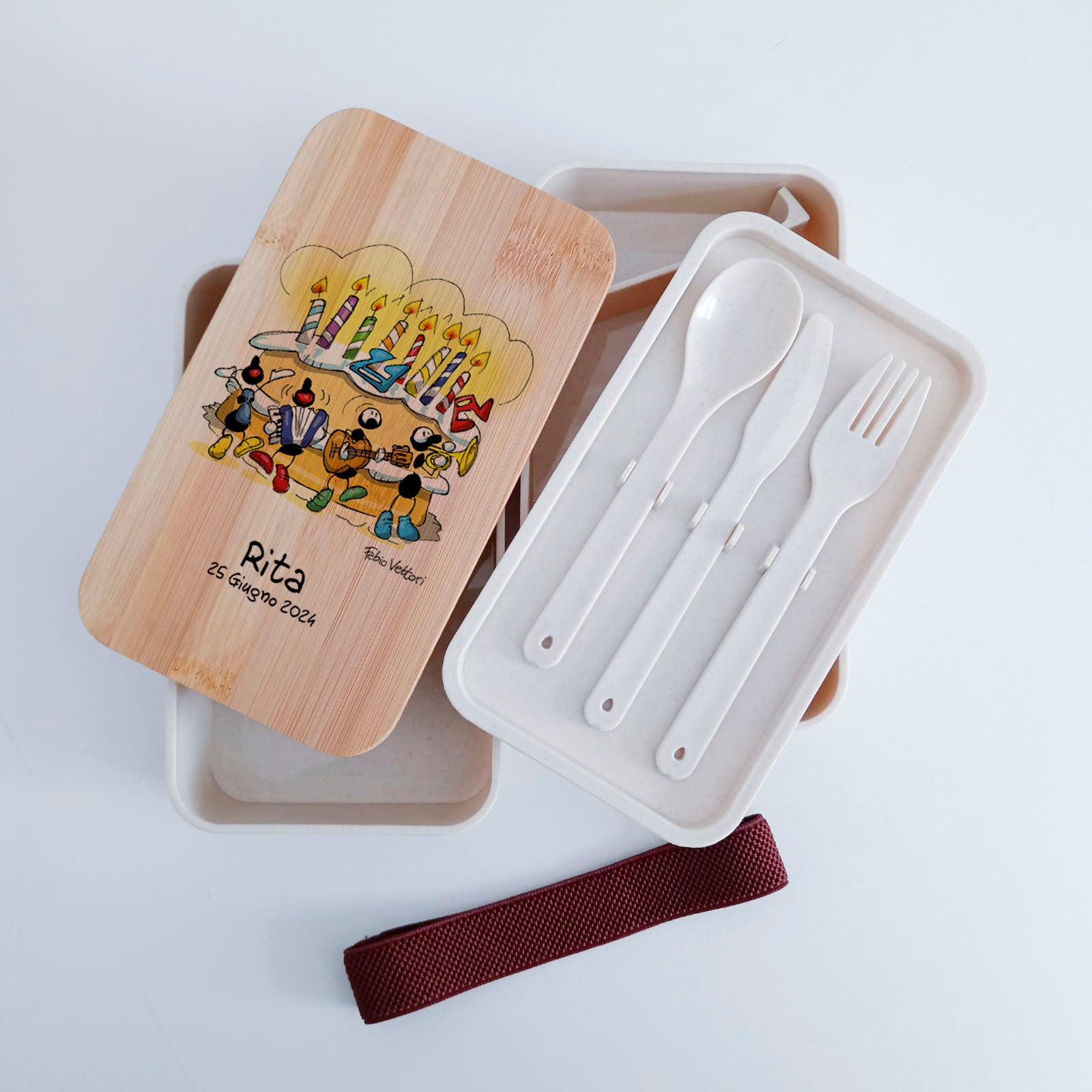 Lunch Box with Personalized Cutlery Band "Birthday" Subject
