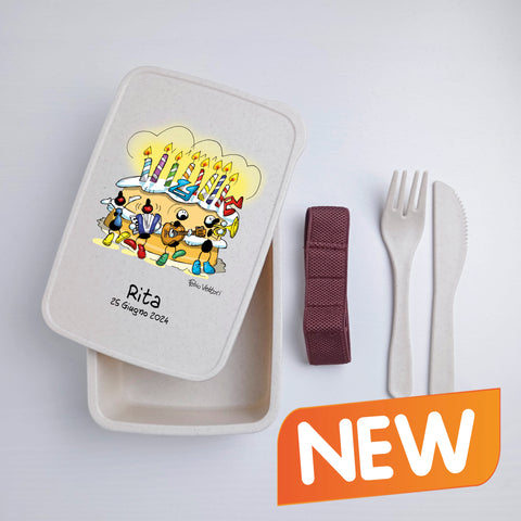 Scatola Porta Pranzo con Fascia Porta Posate Personalizzata soggetto "Compleanno"