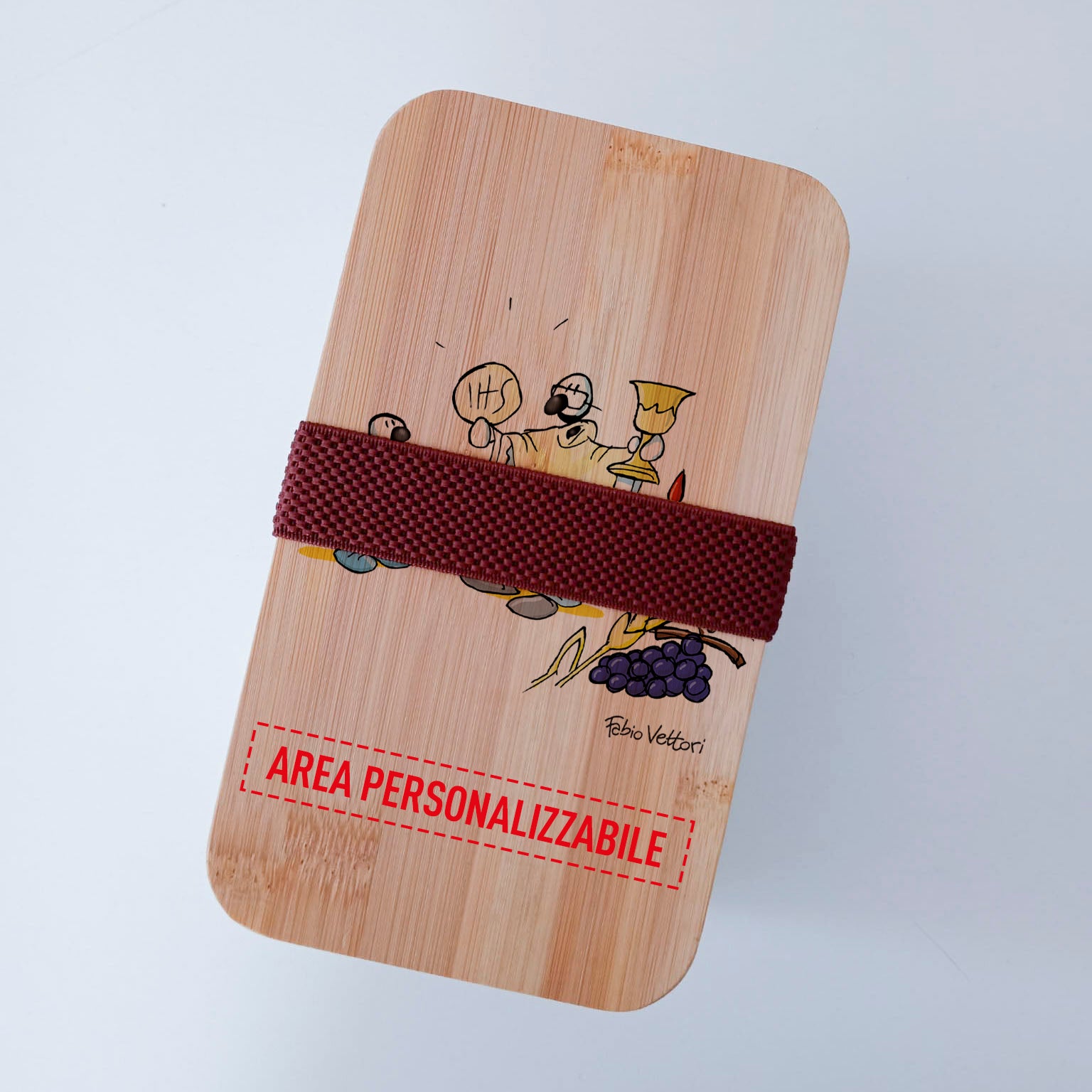 Scatola Porta Pranzo con coperchio in bambù e Posate Personalizzata soggetto "Comunione"
