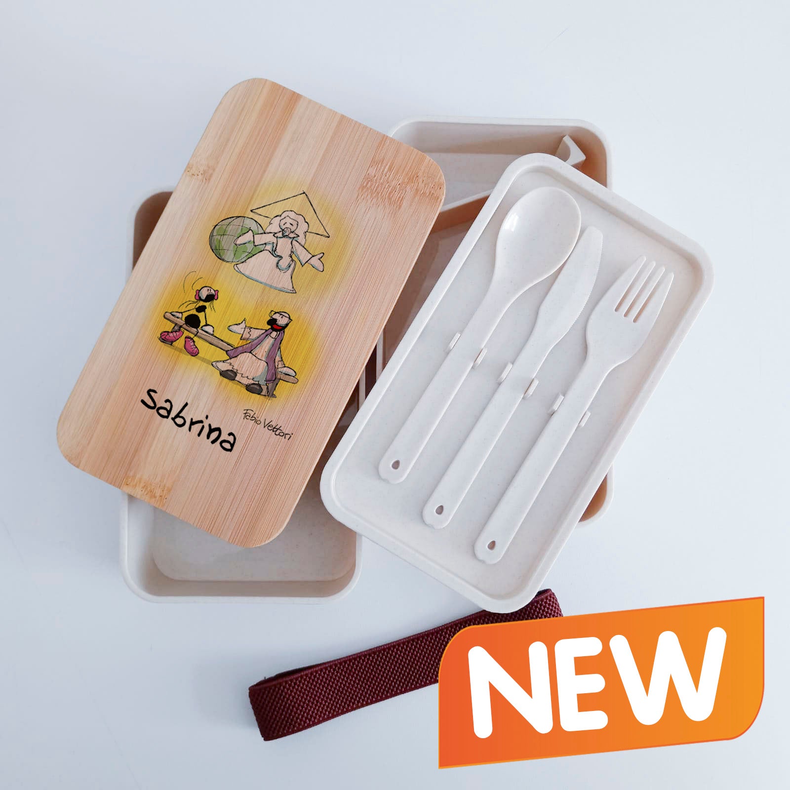 Scatola Porta Pranzo con coperchio in bambù e Posate Personalizzata soggetto "Confessione"