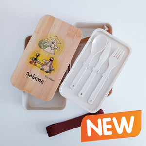 Scatola Porta Pranzo con coperchio in bambù e Posate Personalizzata soggetto "Confessione"