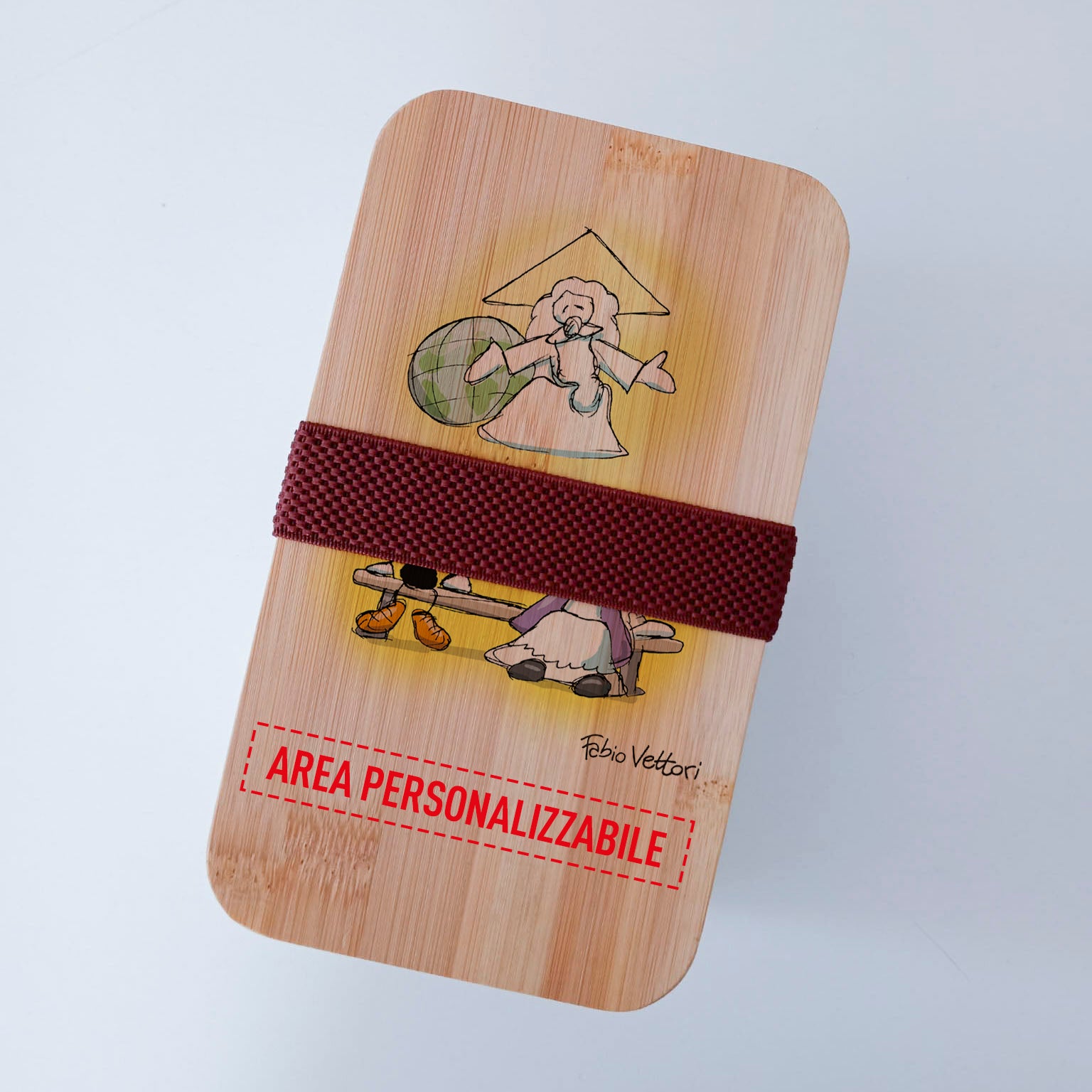 Scatola Porta Pranzo con coperchio in bambù e Posate Personalizzata soggetto "Confessione"