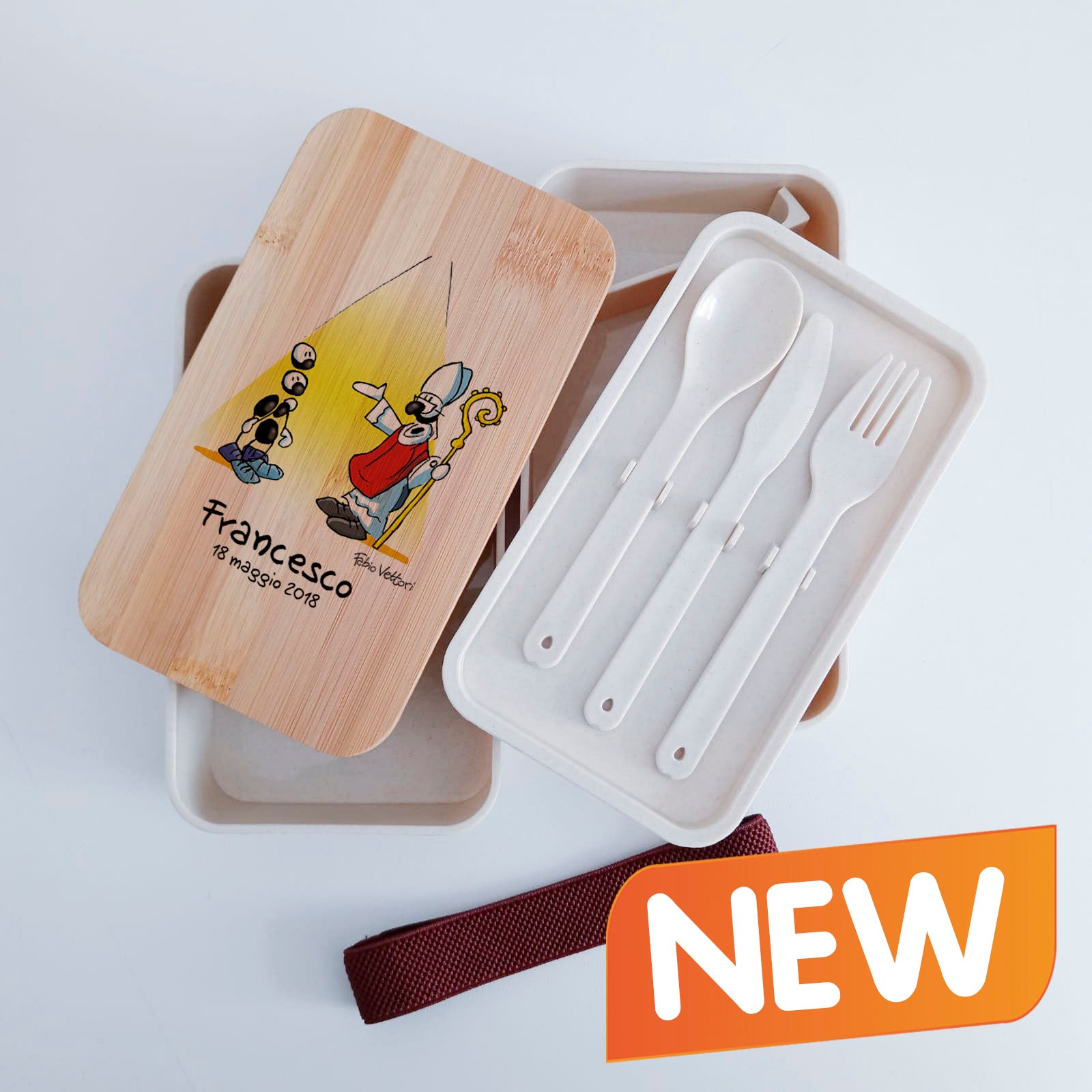 Scatola Porta Pranzo con coperchio in bambù e Posate Personalizzata soggetto "Cresima"