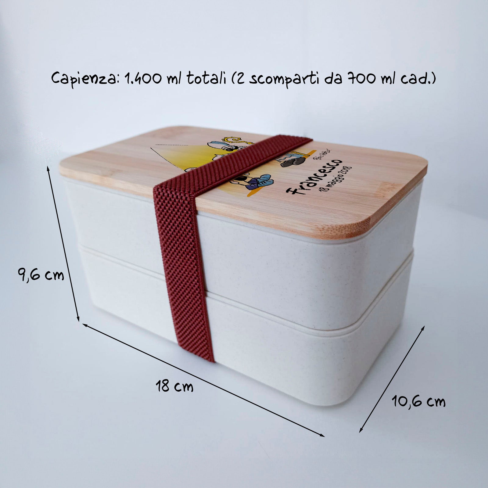 Scatola Porta Pranzo con coperchio in bambù e Posate Personalizzata soggetto "Cresima"