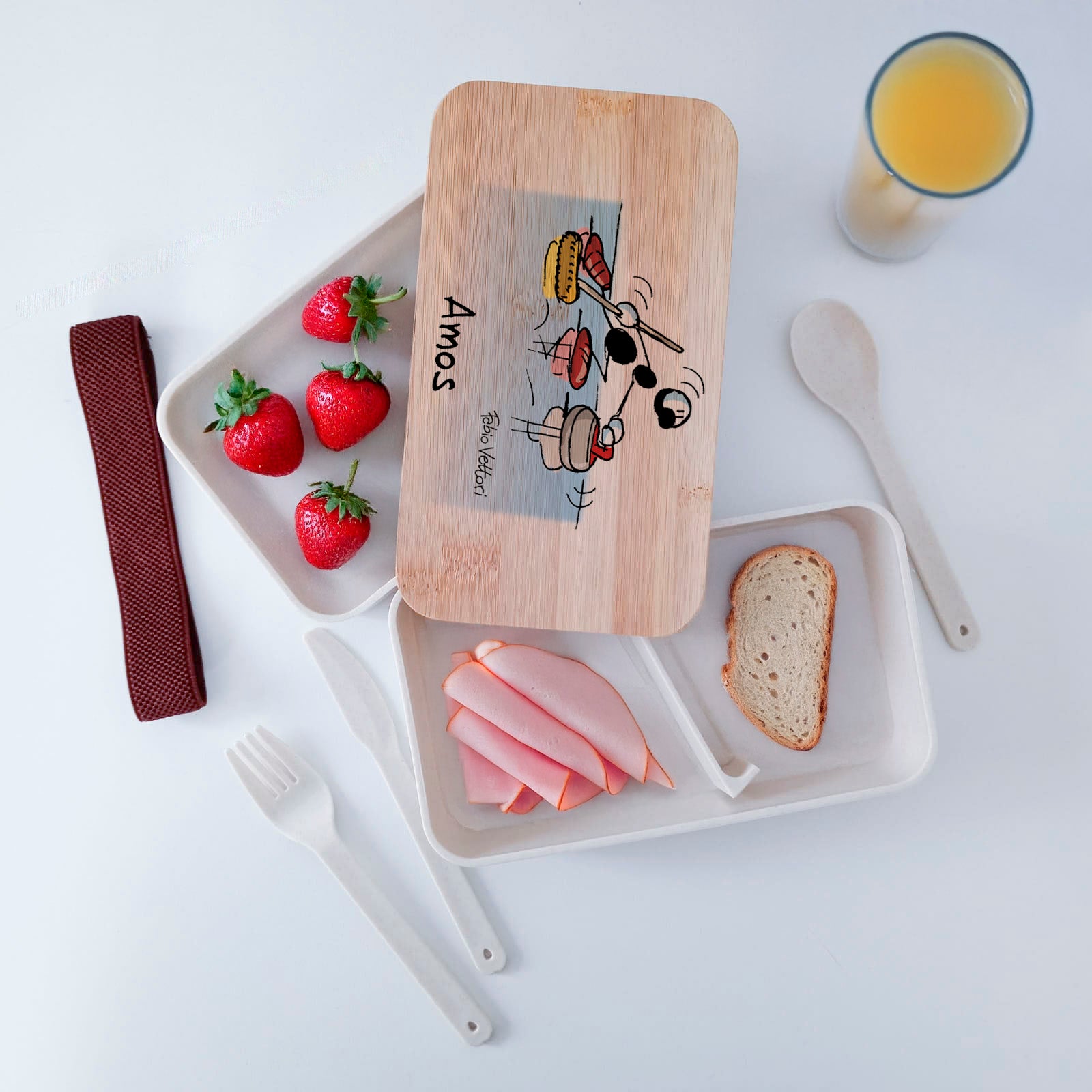 Scatola Porta Pranzo con coperchio in bambù e Posate Personalizzata soggetto "Curling"