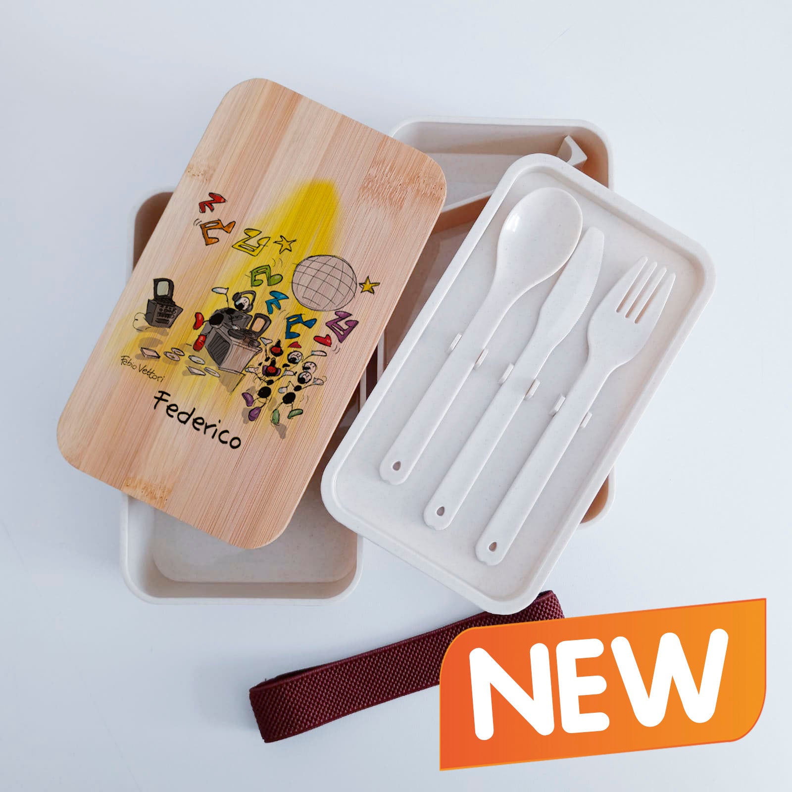 Scatola Porta Pranzo con coperchio in bambù e Posate Personalizzata soggetto "Dj"