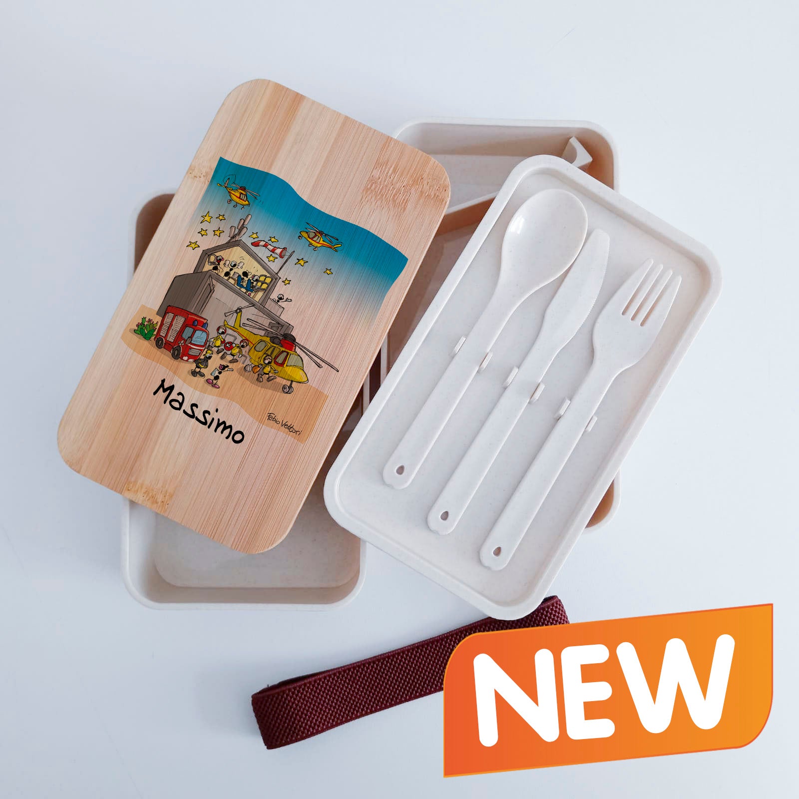 Scatola Porta Pranzo con coperchio in bambù e Posate Personalizzata soggetto "Elisoccorso"