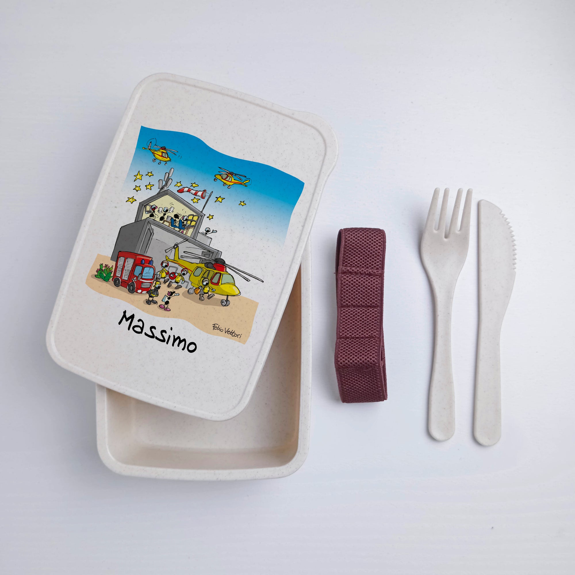 Lunch Box with Cutlery Holder Band Personalized with "Helicopter Rescue" Theme