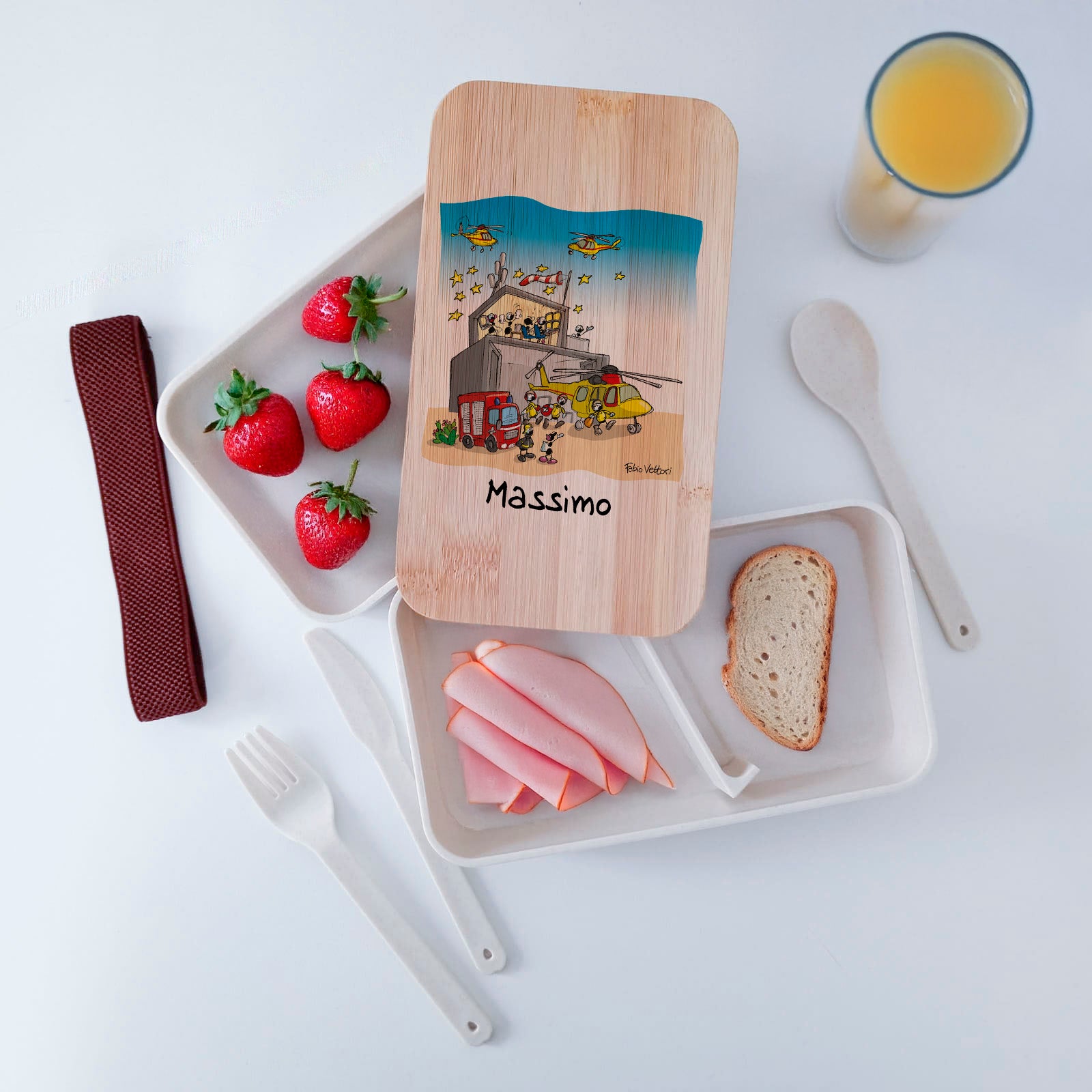 Lunch Box with Cutlery Holder Band Personalized with "Helicopter Rescue" Theme