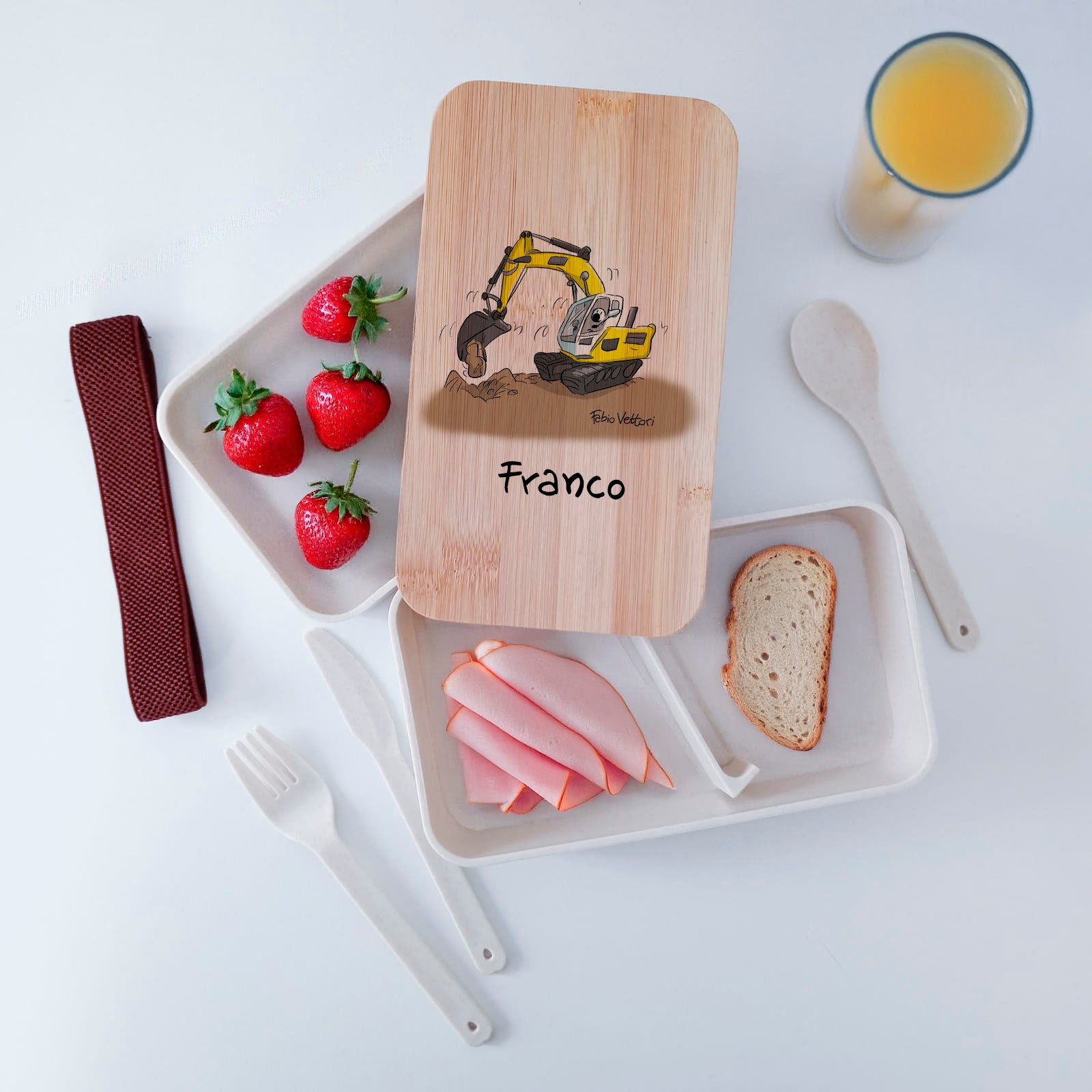 Lunch Box with Cutlery Holder Band Personalized with "Excavator Driver" Theme