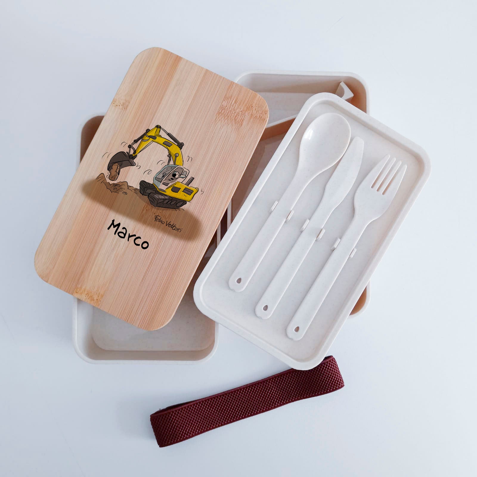 Lunch Box with Cutlery Holder Band Personalized with "Excavator Driver" Theme