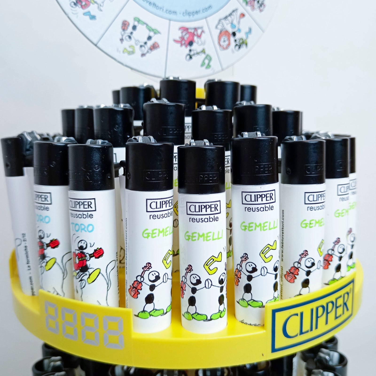 COMPLETE display of 144 CLIPPER lighters limited series "ZODIAC" by Fabio Vettori