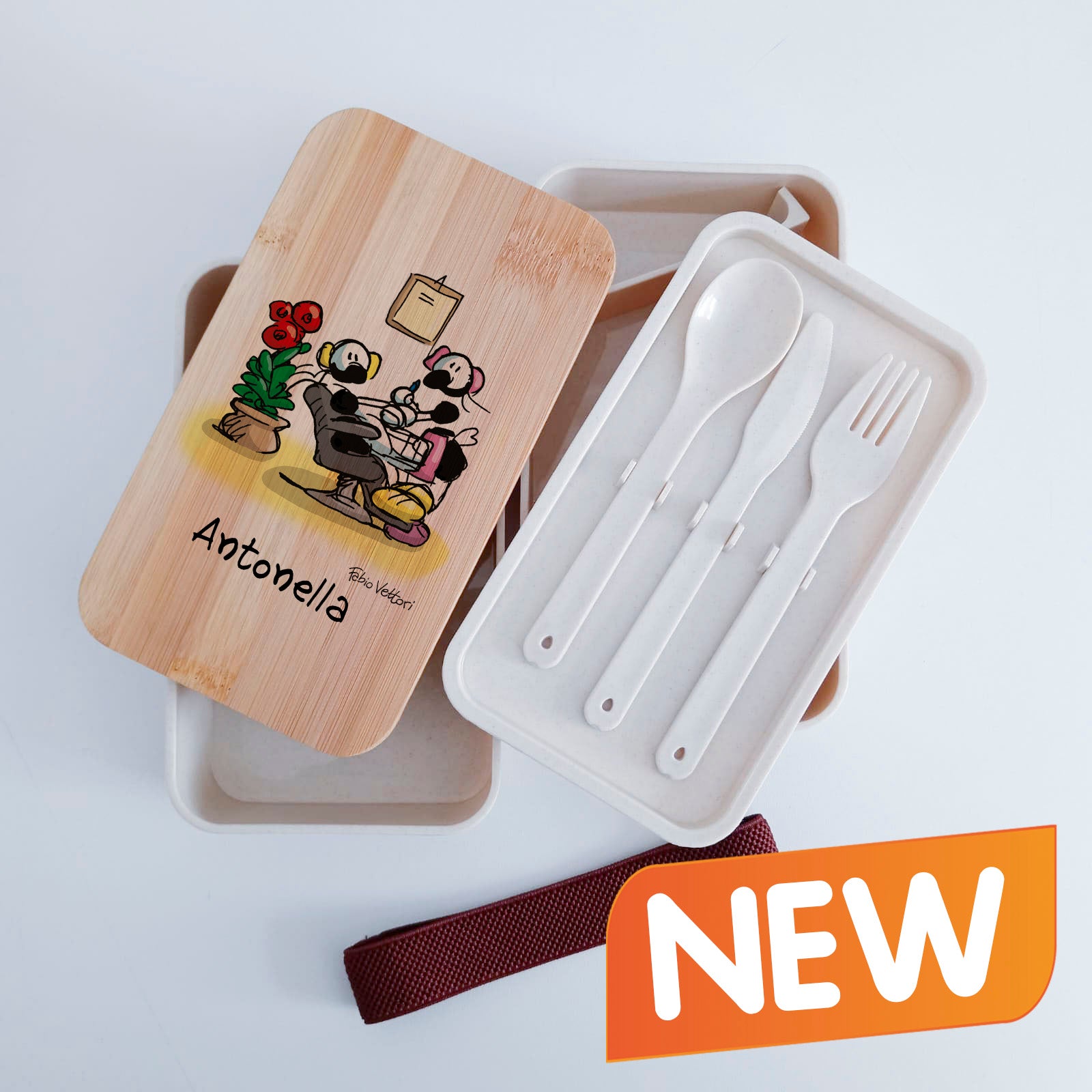 Scatola Porta Pranzo con coperchio in bambù e Posate Personalizzata soggetto "Estetista"