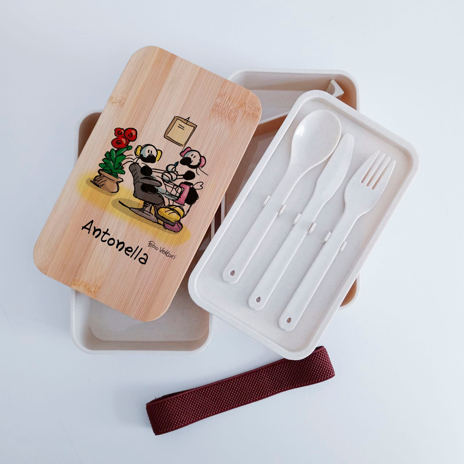 Lunch Box with Cutlery Holder Band Personalized with "Beautician" Theme