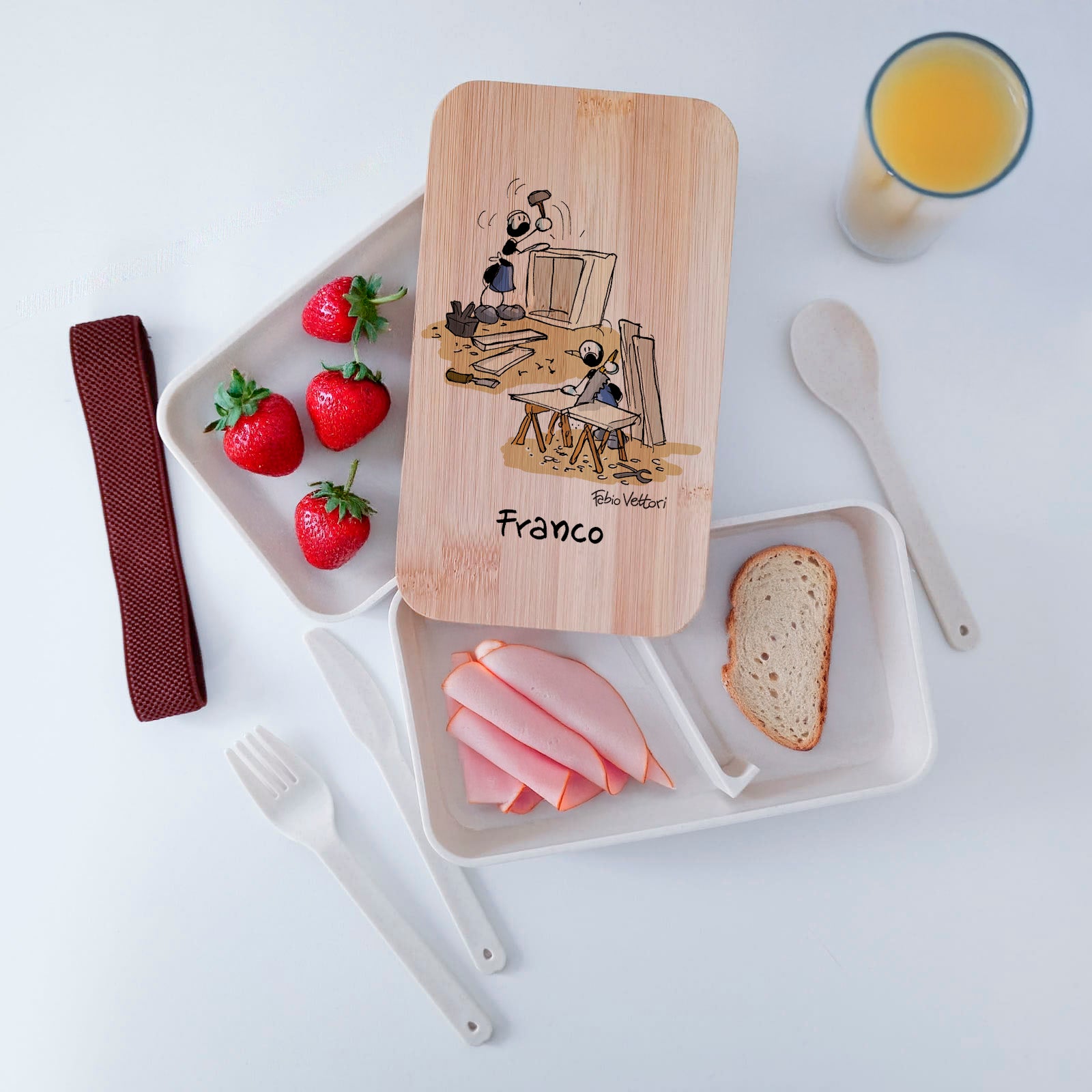Lunch Box with Cutlery Holder Band Personalized with "Carpenter" Theme