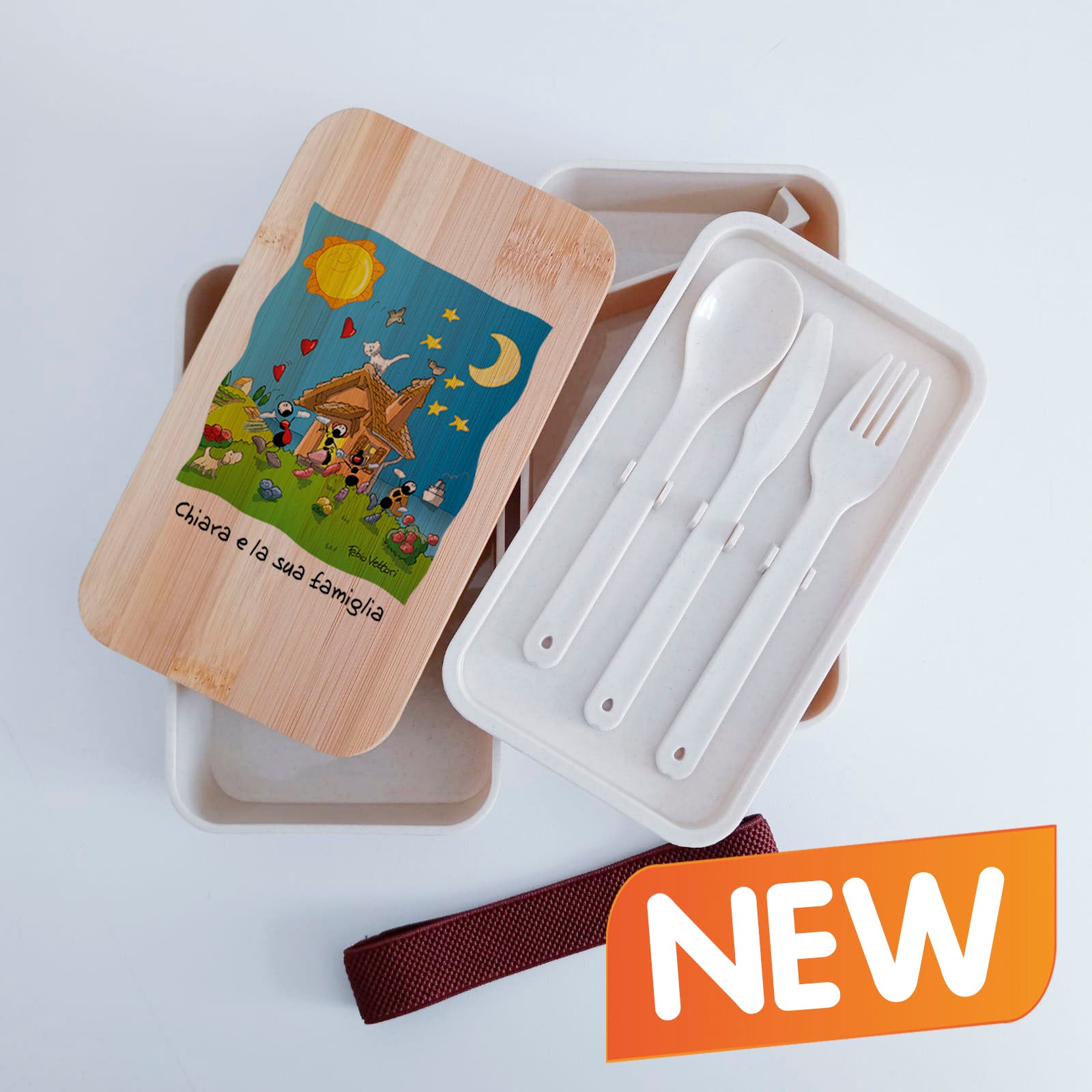 Scatola Porta Pranzo con coperchio in bambù e Posate Personalizzata soggetto "Famiglia"
