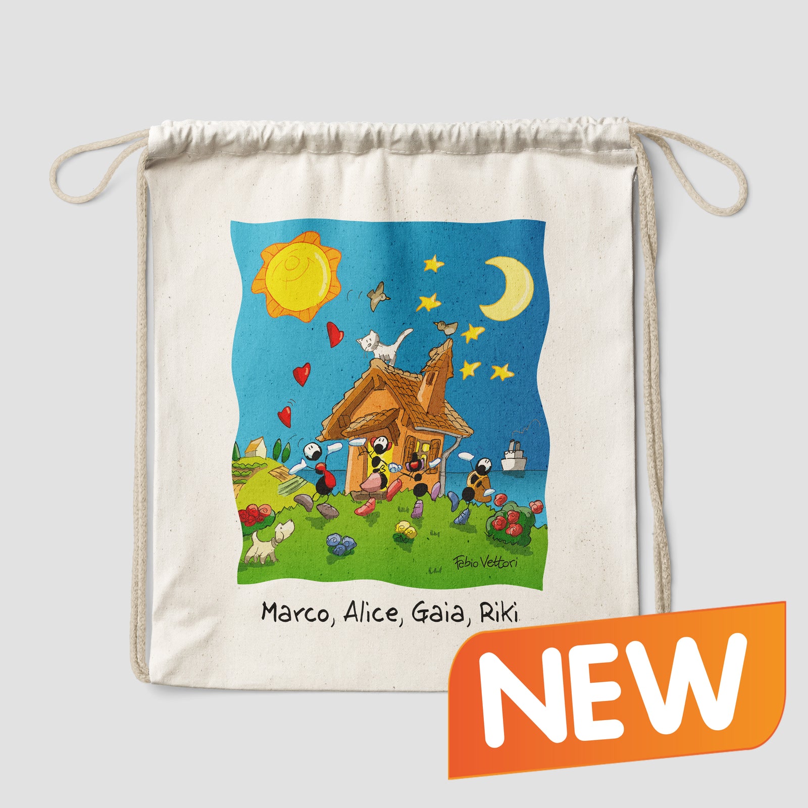 Personalized cotton backpack bag with "Family" theme