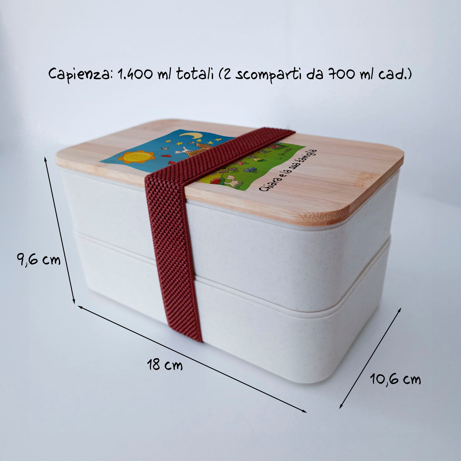 Scatola Porta Pranzo con coperchio in bambù e Posate Personalizzata soggetto "Famiglia"