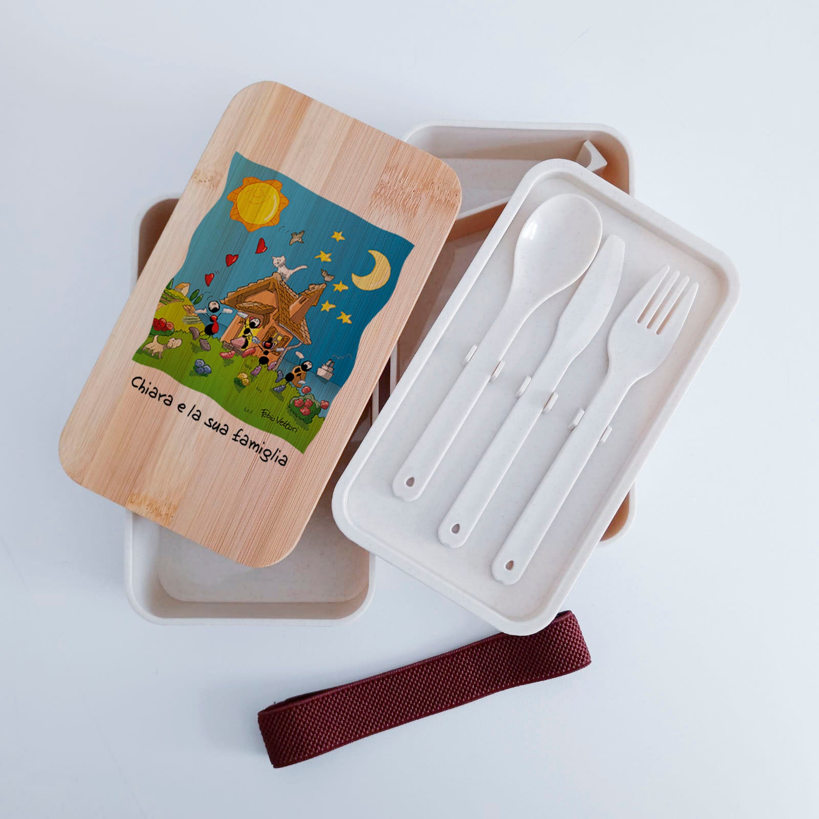 Scatola Porta Pranzo con coperchio in bambù e Posate Personalizzata soggetto "Famiglia"