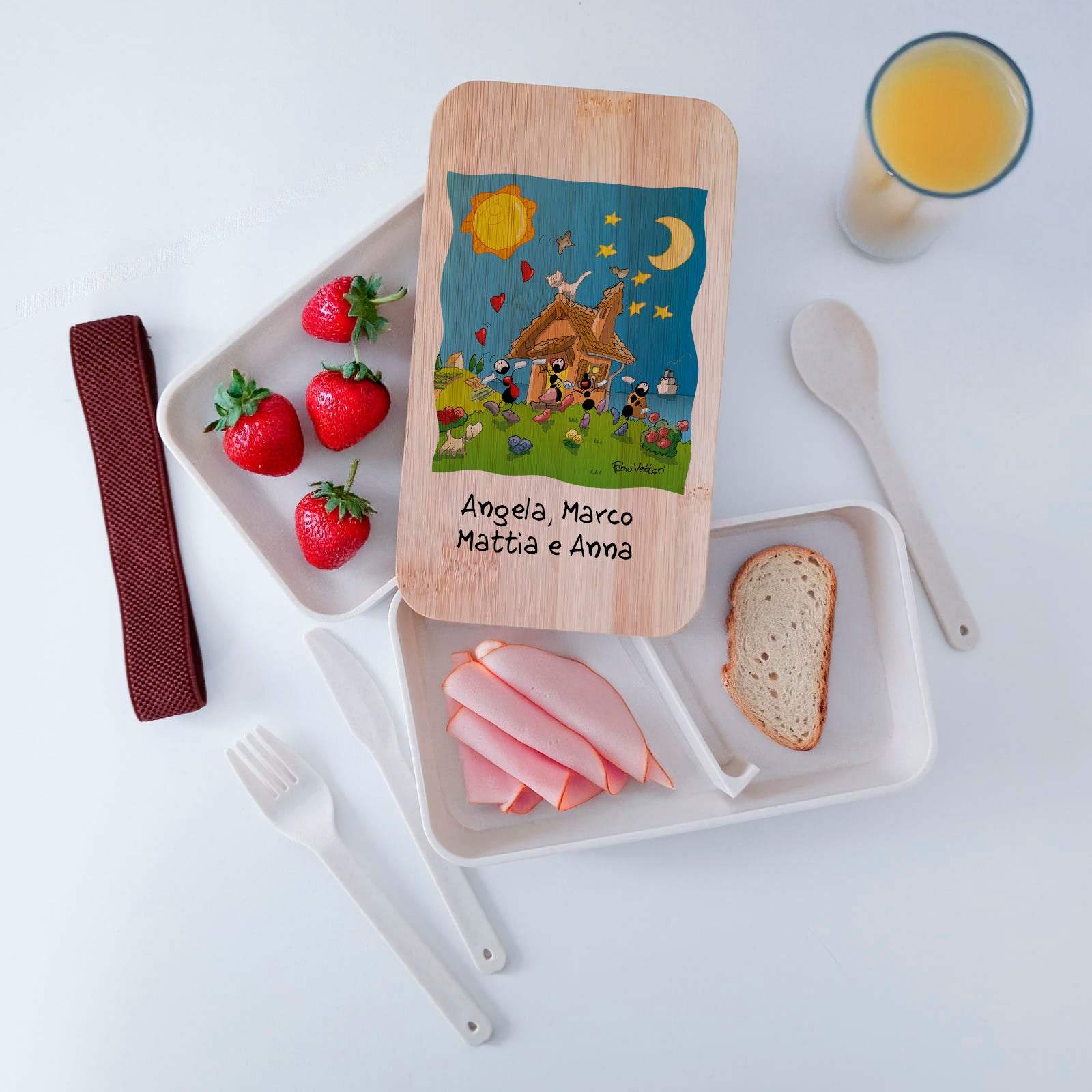 Scatola Porta Pranzo con coperchio in bambù e Posate Personalizzata soggetto "Famiglia"