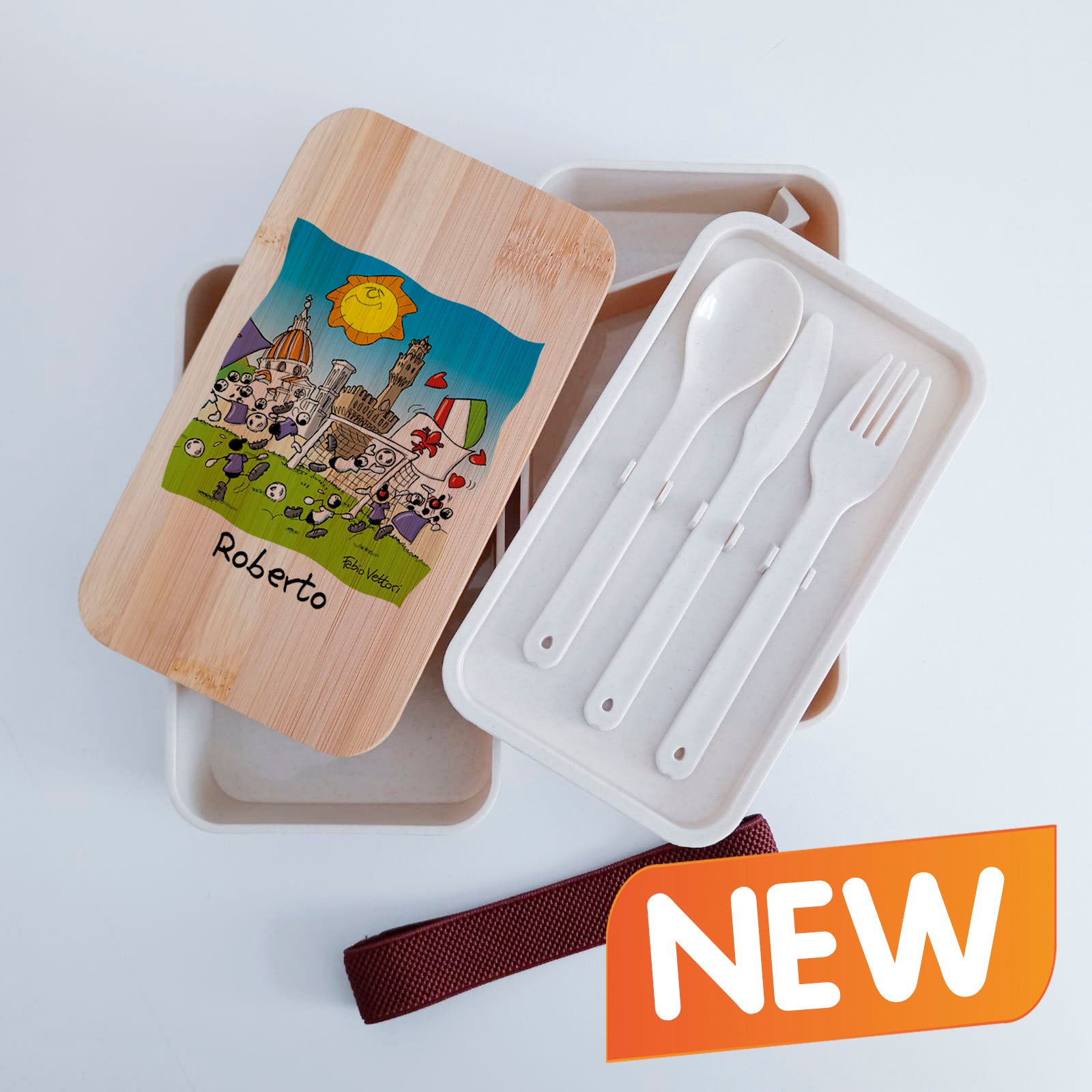 Scatola Porta Pranzo con coperchio in bambù e Posate Personalizzata soggetto "Forentina"