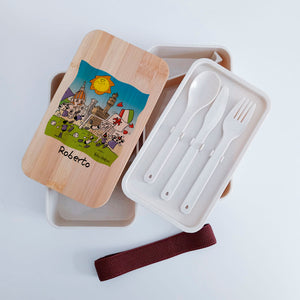 Scatola Porta Pranzo con coperchio in bambù e Posate Personalizzata soggetto "Forentina"