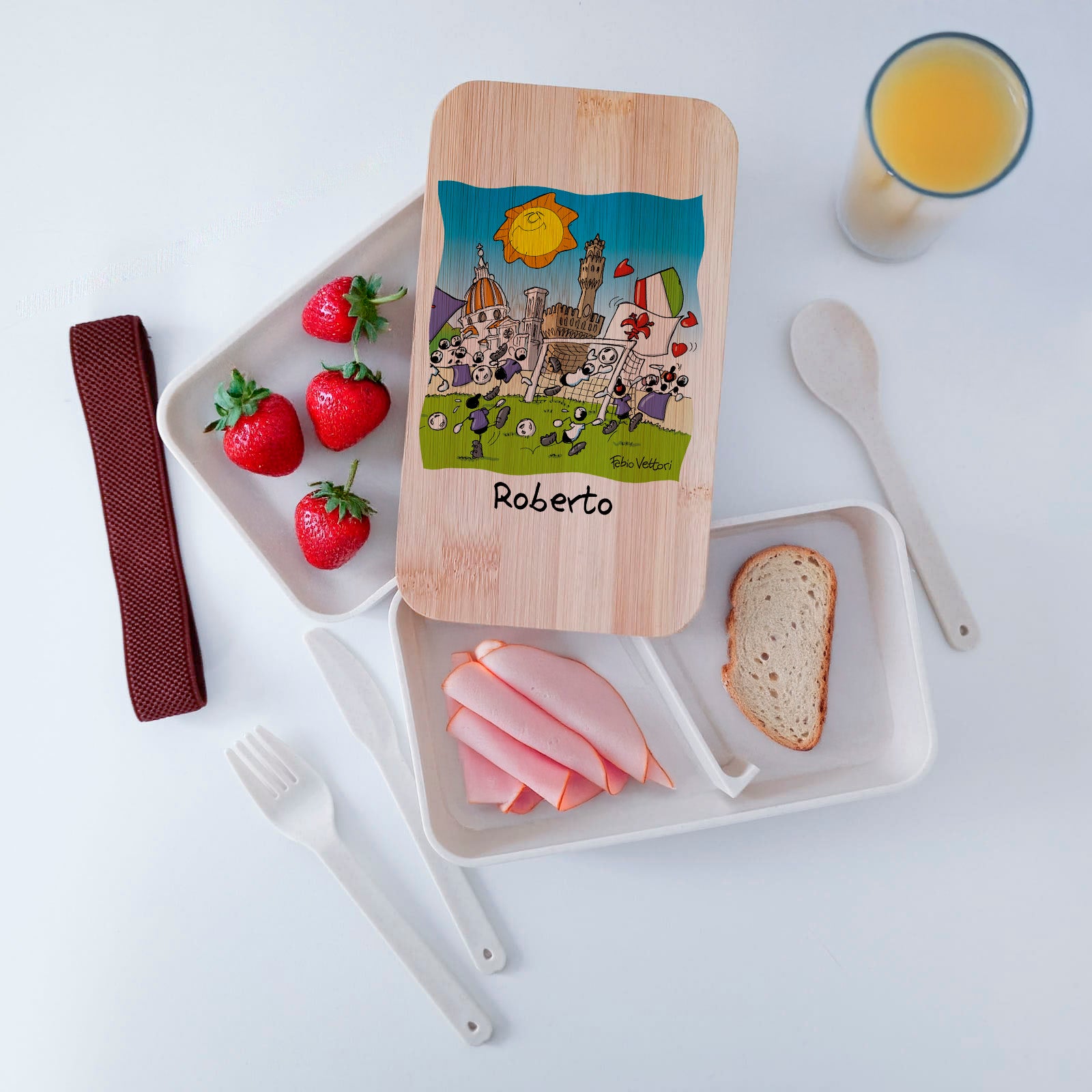 Scatola Porta Pranzo con coperchio in bambù e Posate Personalizzata soggetto "Forentina"