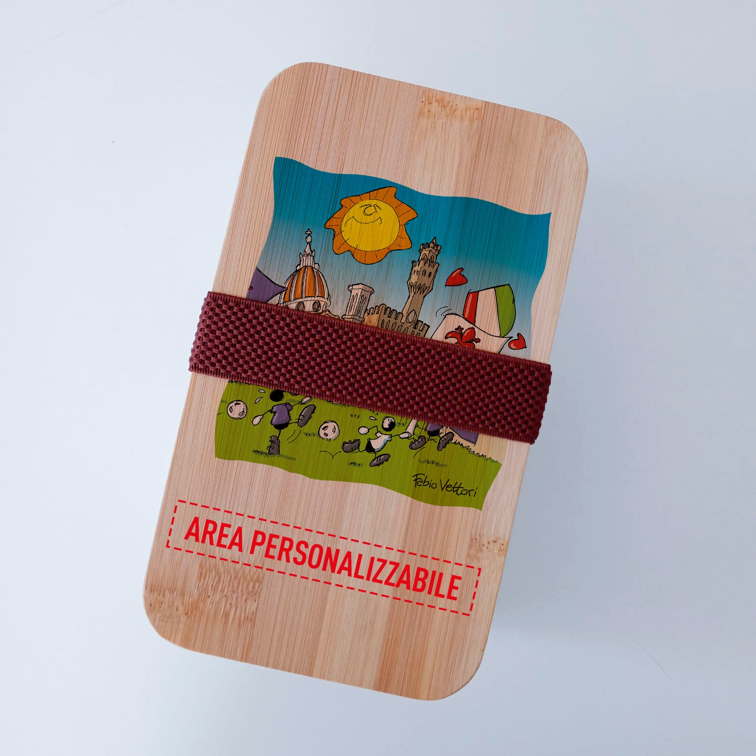 Scatola Porta Pranzo con coperchio in bambù e Posate Personalizzata soggetto "Forentina"